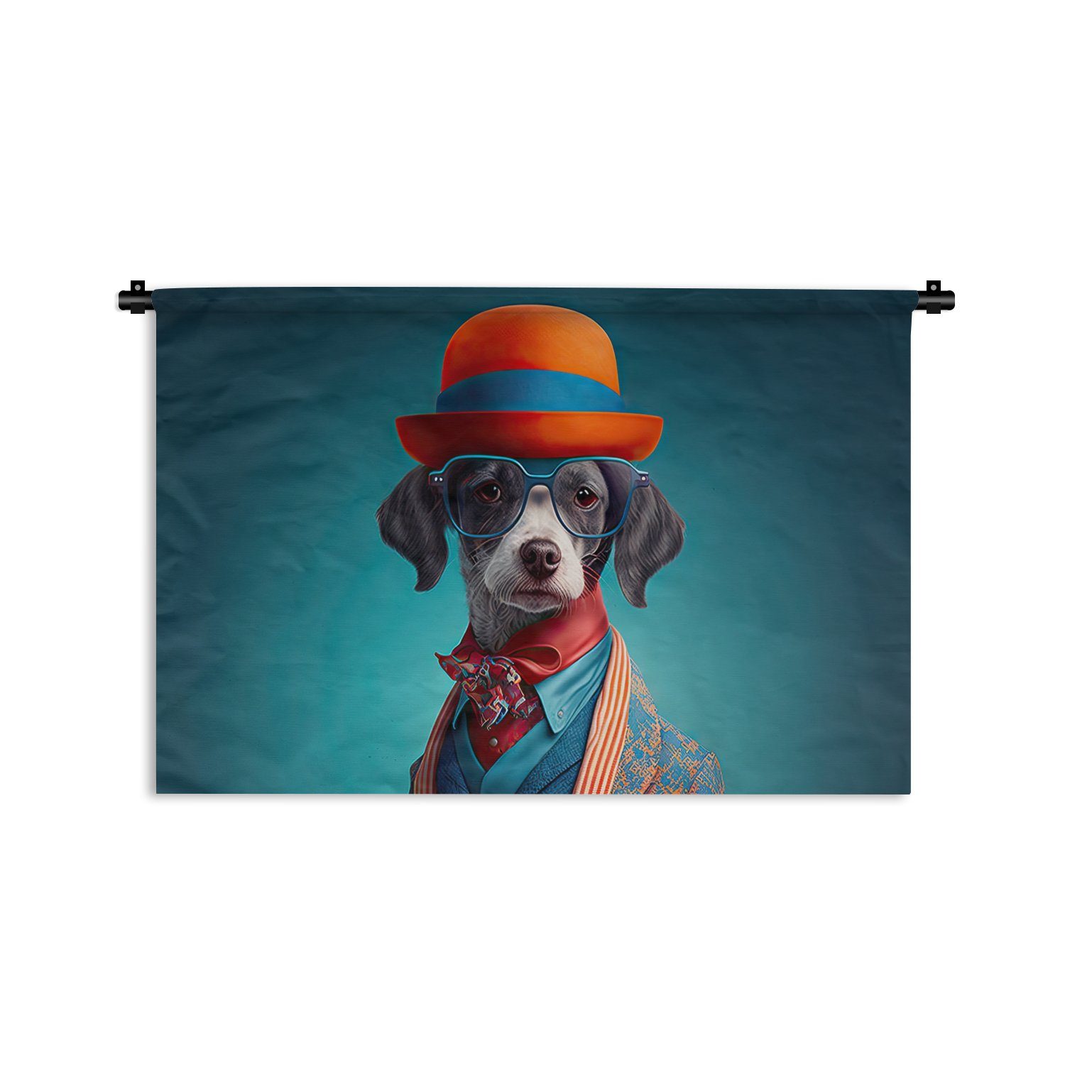 MuchoWow Wanddekoobjekt Hund - Jacke - Blumen - Porträt - Blau, Wanddeko für Wohnzimmer, Schlafzimmer, Kleid, Wandbehang, Kinderzimmer