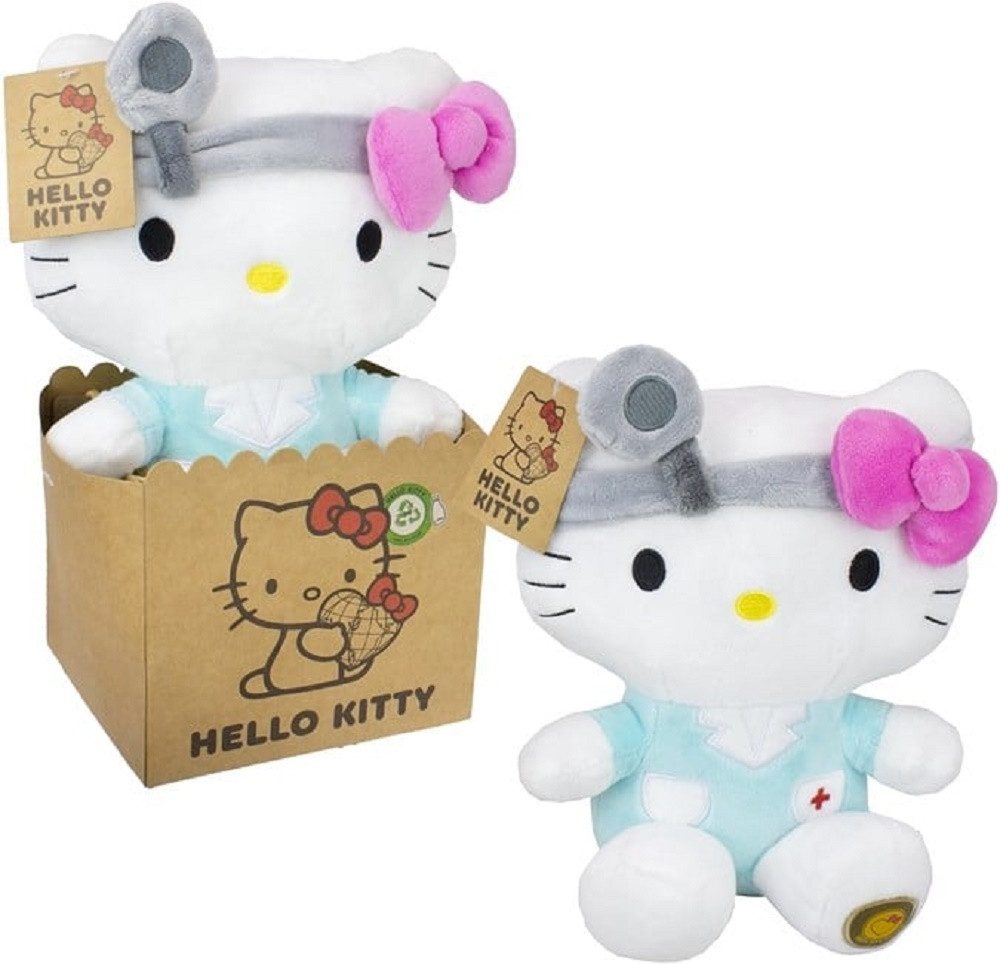 SANRIO Kuscheltier Hello Kitty Plüschfigur 27 cm Arzt blau mit Schleife pink (Set, 1-St., Geschenk-Set), Hochwertige Figur liebevolle Details weich und knuddelig Geschenke