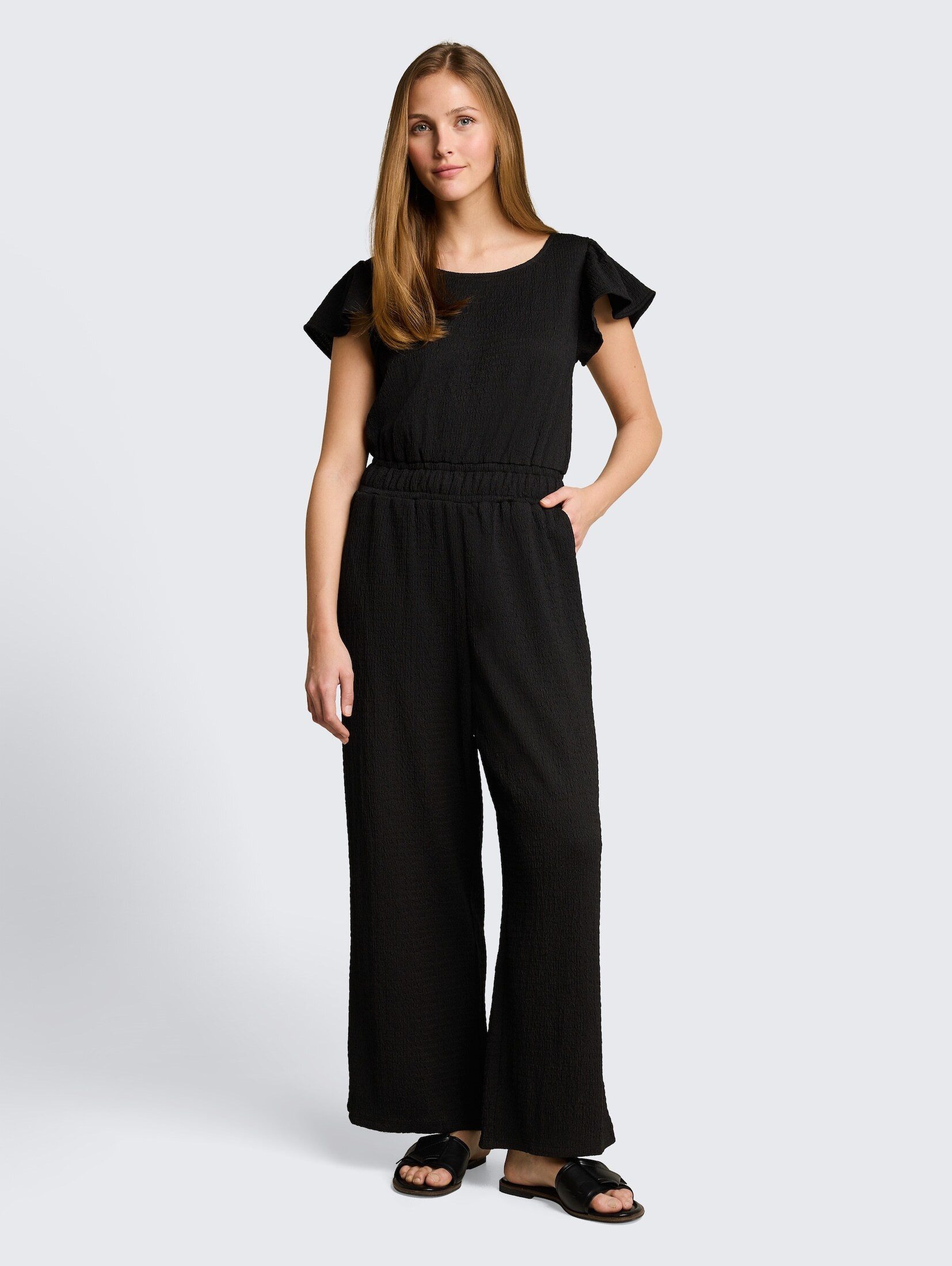 TOM TAILOR Denim Jumpsuit Overalls Crinkle Jumpsuit mit Rüschenärmeln