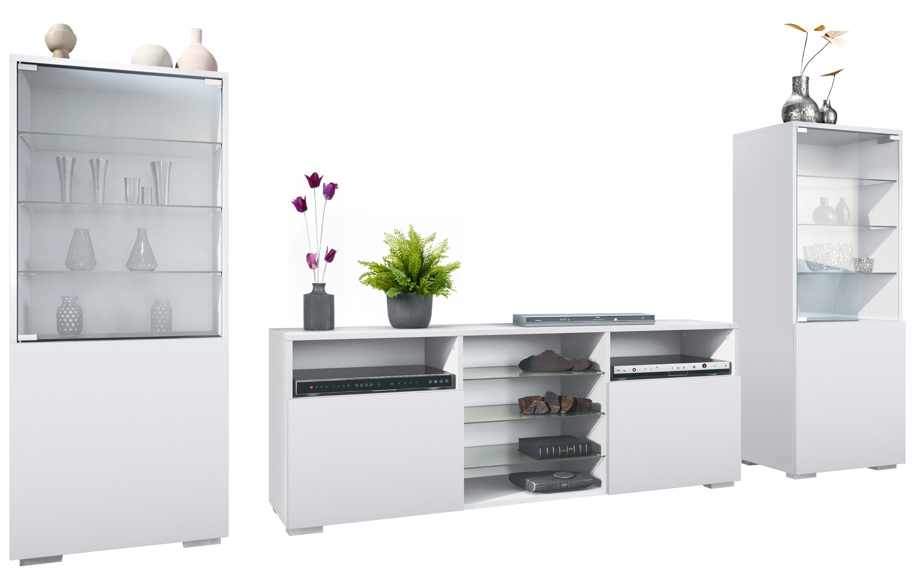 Vladon Wohnwand Granada, (Anbauwand, bestehend aus 2 Vitrinen und 1 TV-Board), Weiß matt/Weiß matt (286 x 122,5 x 35 cm)