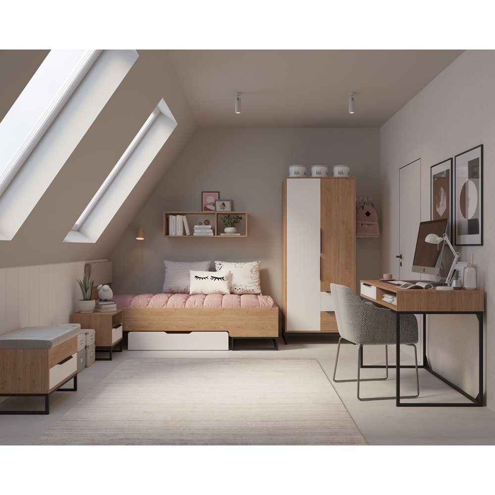 Lomadox Jugendzimmer-Set LUZZI-132, (Sparset, 6-tlg), Eiche Nb. mit weiß, Kleiderschrank, Nachttisch, Bett, Schreibtisch