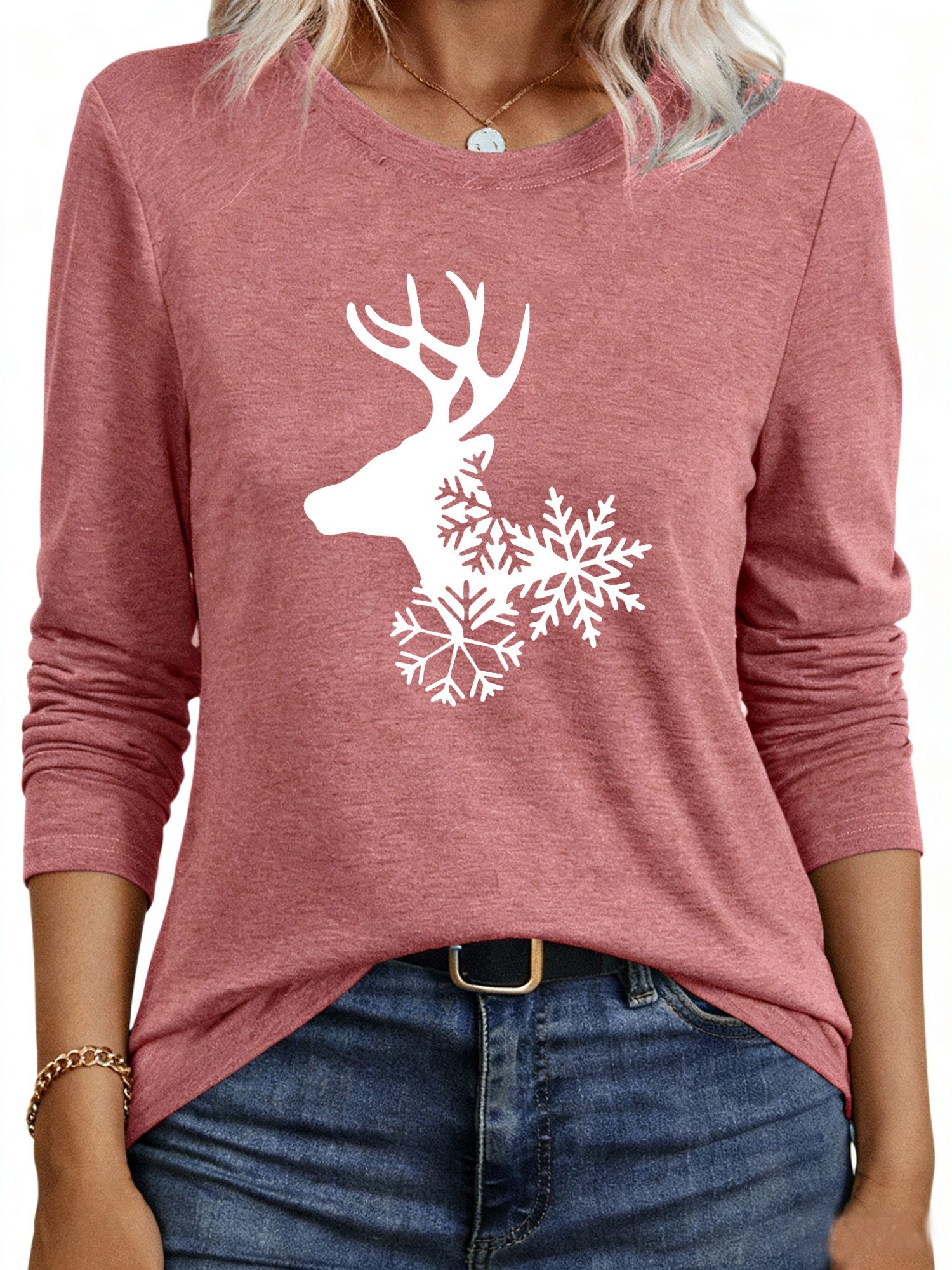 PYLIKE Longsleeve Damen Weihnachten Langarm mit Elch Druck bequemes Rundhalsshirt Weihnachts-Sonderanfertigungen