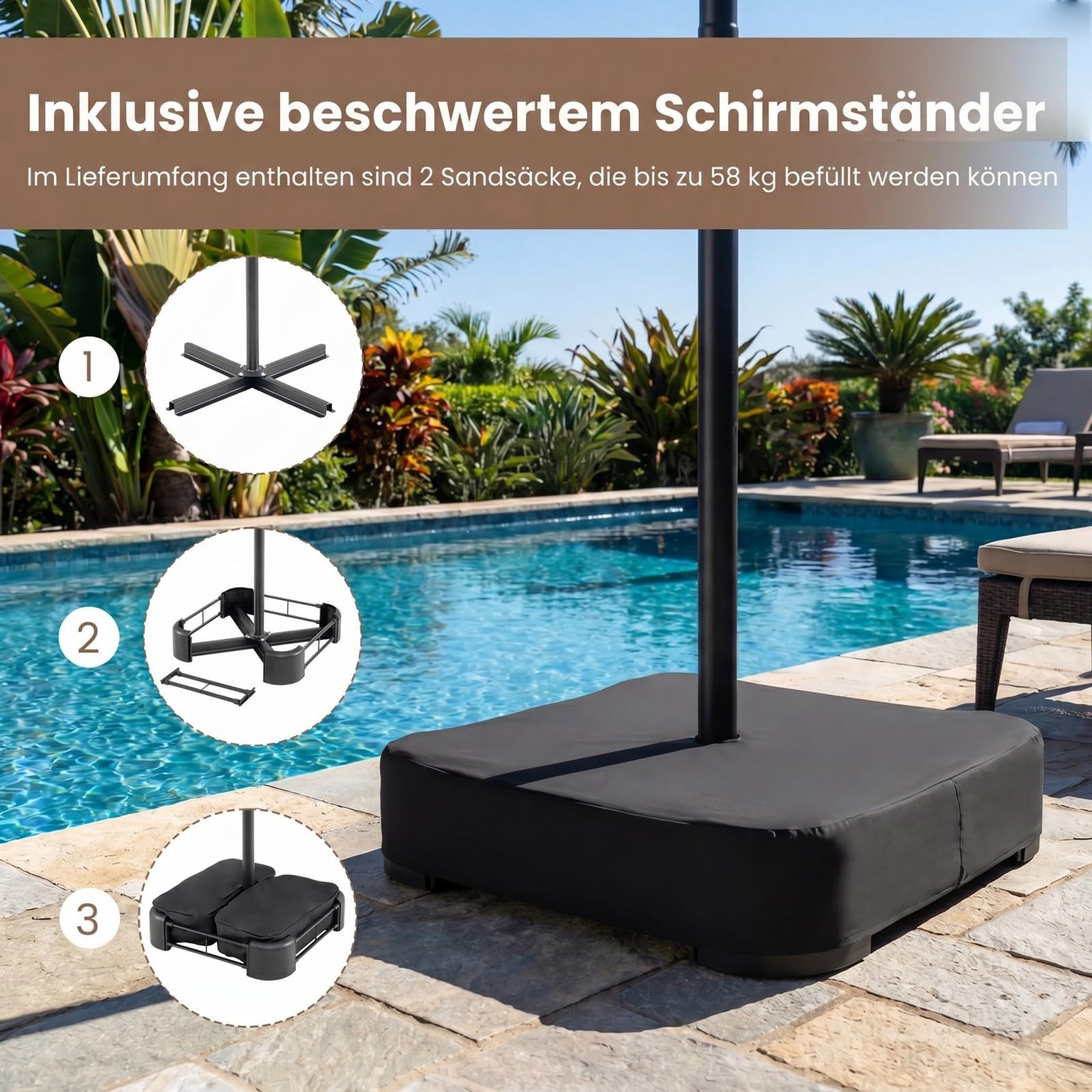 COSTWAY Sonnenschirm, 450 x 260 cm, LED-Solar-Beleuchtung, UPF 50+, mit Ständer