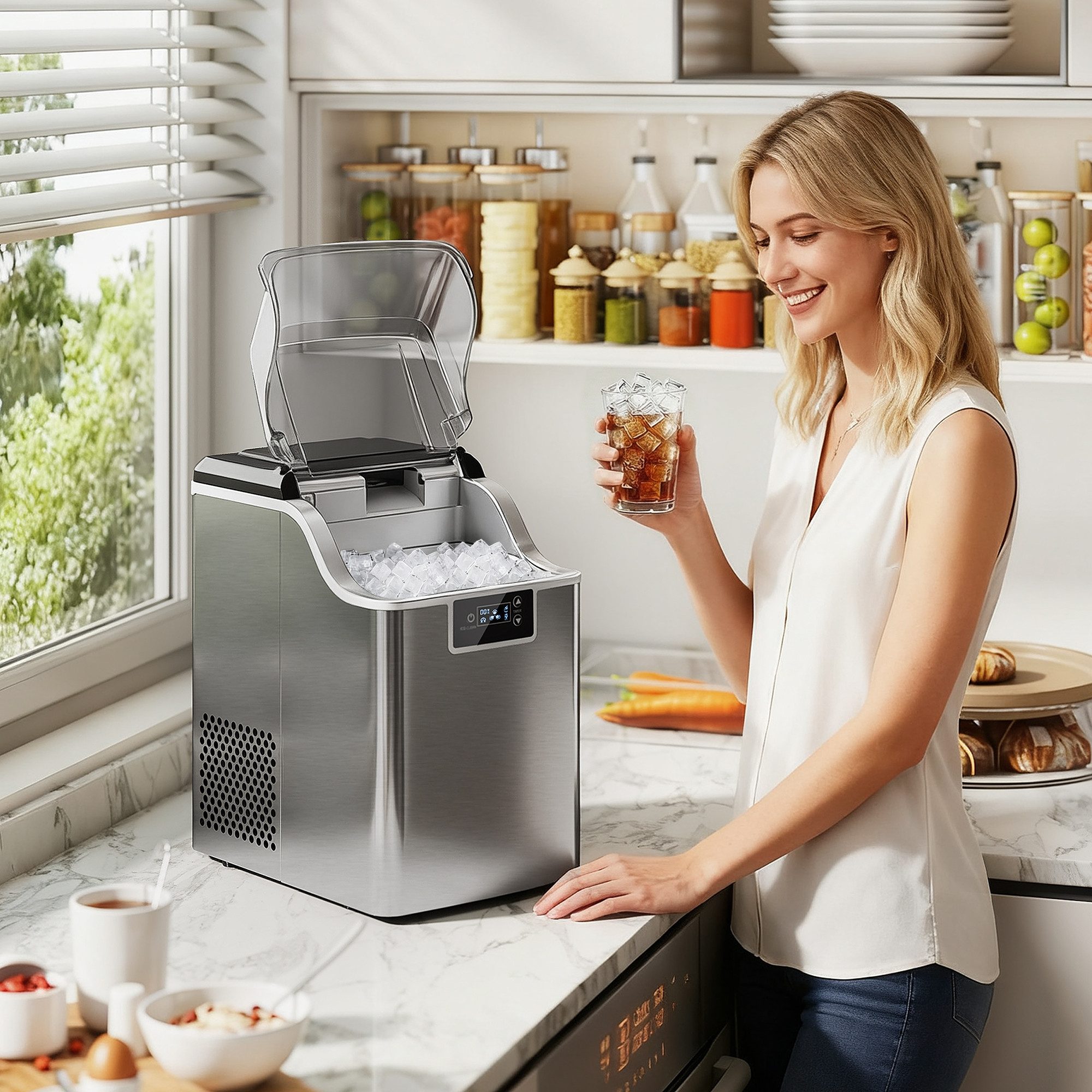 HOMCOM Eiswürfelmaschine 2.4 L Eiswürfelbereiter mit 2.1 L Wassertank, Selbstreinigungsfunktion, Silber