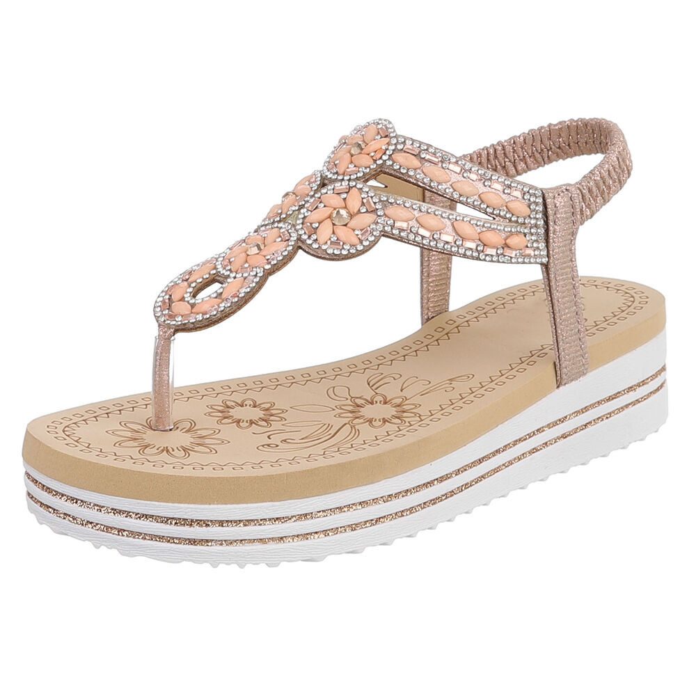 Ital-Design Damen Plateau-Flip-Flop mit Schmucksteinen Zehentrenner (91970836) Keilabsatz/Wedge Keilsandaletten in Champagner