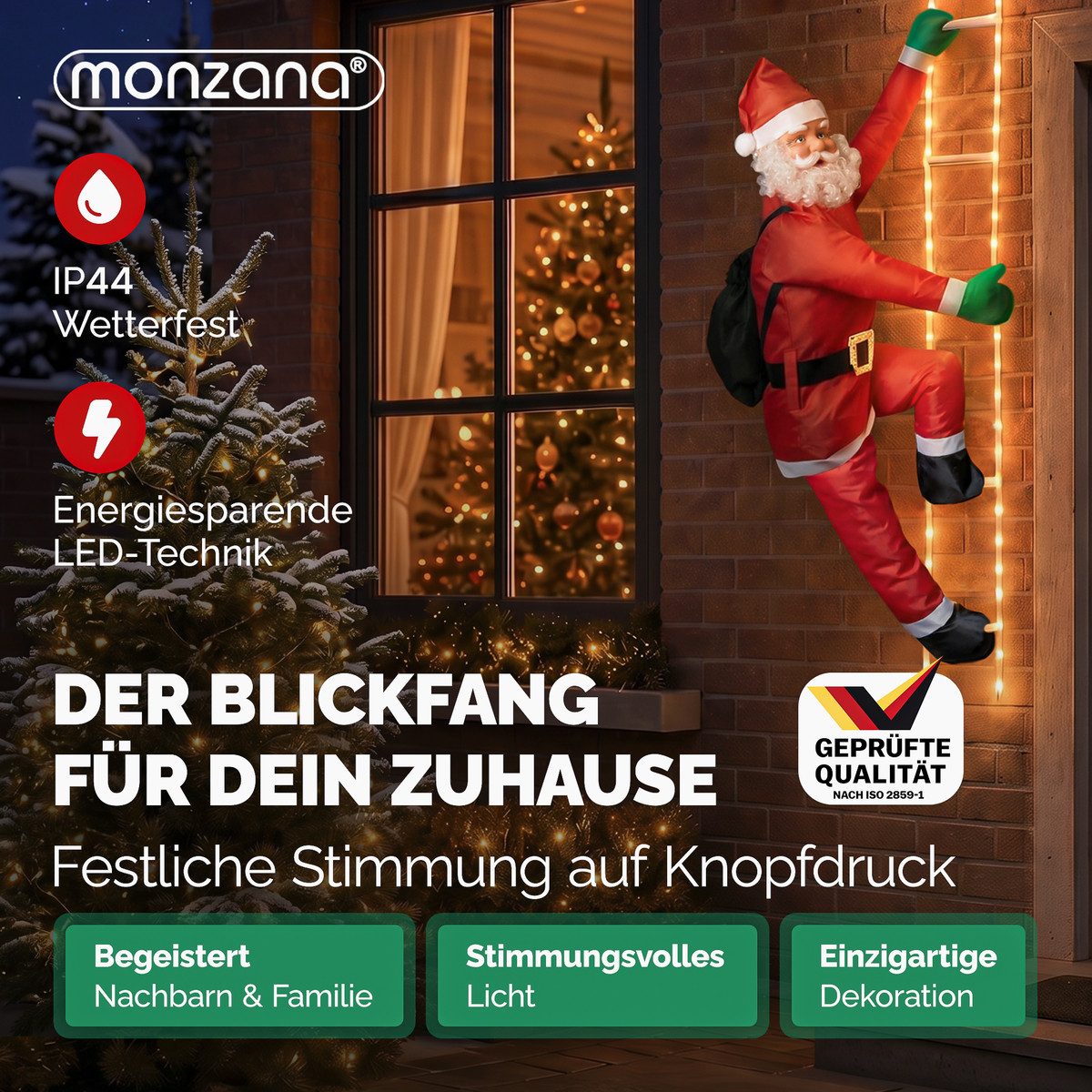 monzana Weihnachtsmann, LED Leiter XXL 240cm für In-/Outdoor 8 Leuchtfunktionen Santa Claus