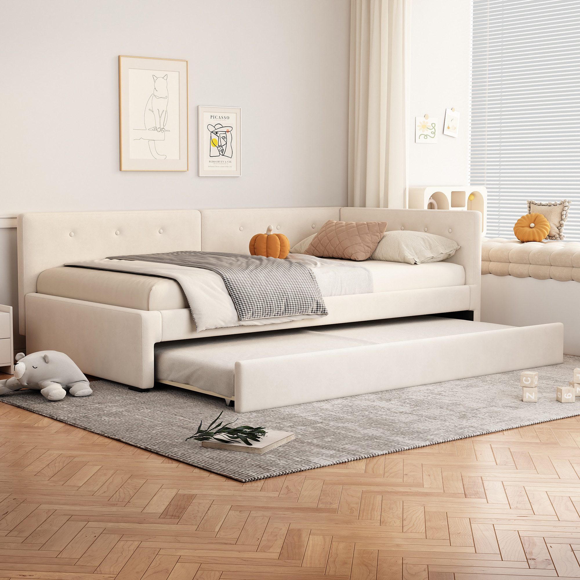 STILVORA Schlafsofa mit bettfunktion,Polsterbett 90x200,Tagesbett ausziehbar, Bettgestell aus Holz, minimalistisches Styling, Ohne Matratze