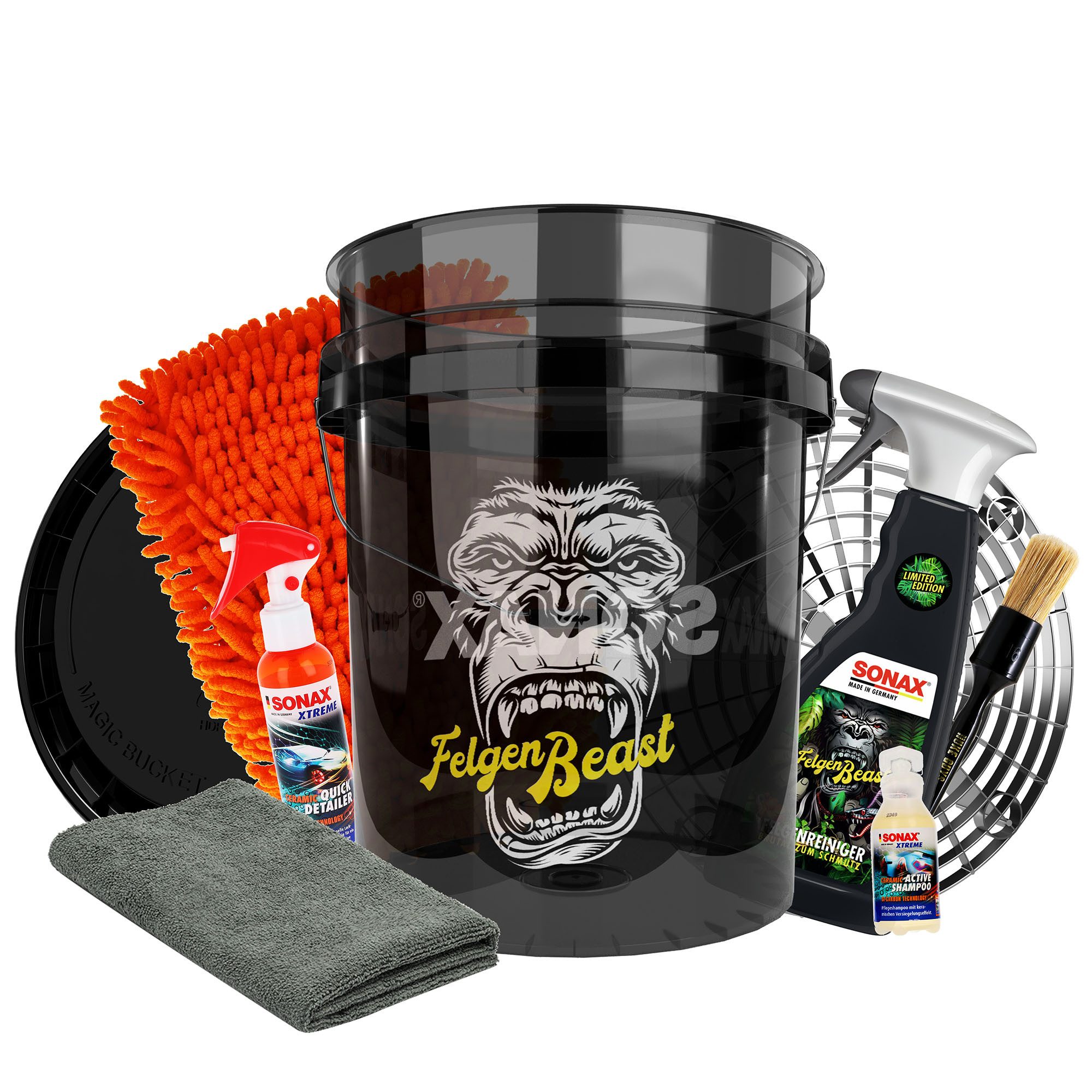 detailmate Reinigungs-Set Sonax Felgenreiniger Set Auto Wascheimer mit Zubehör, Auto Wascheimer Set - mit Felgenreiniger, Versiegelung, Detailer