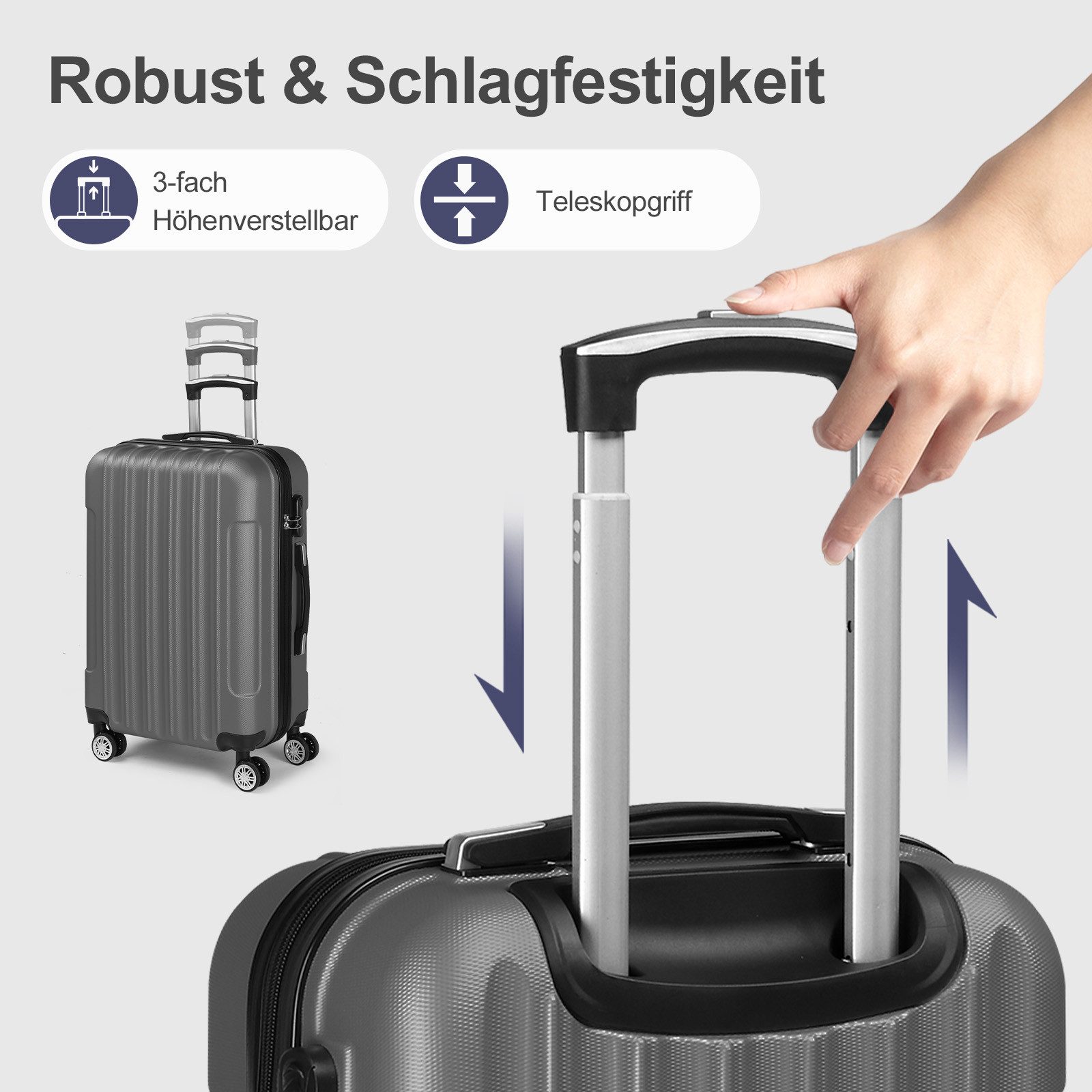 LALAHO Trolley Kofferset Hartschale Reisekoffer, 360° Rollen, 4 Rollen, 4er Set Handgepäck, moderner Koffer, Dunkelgrau