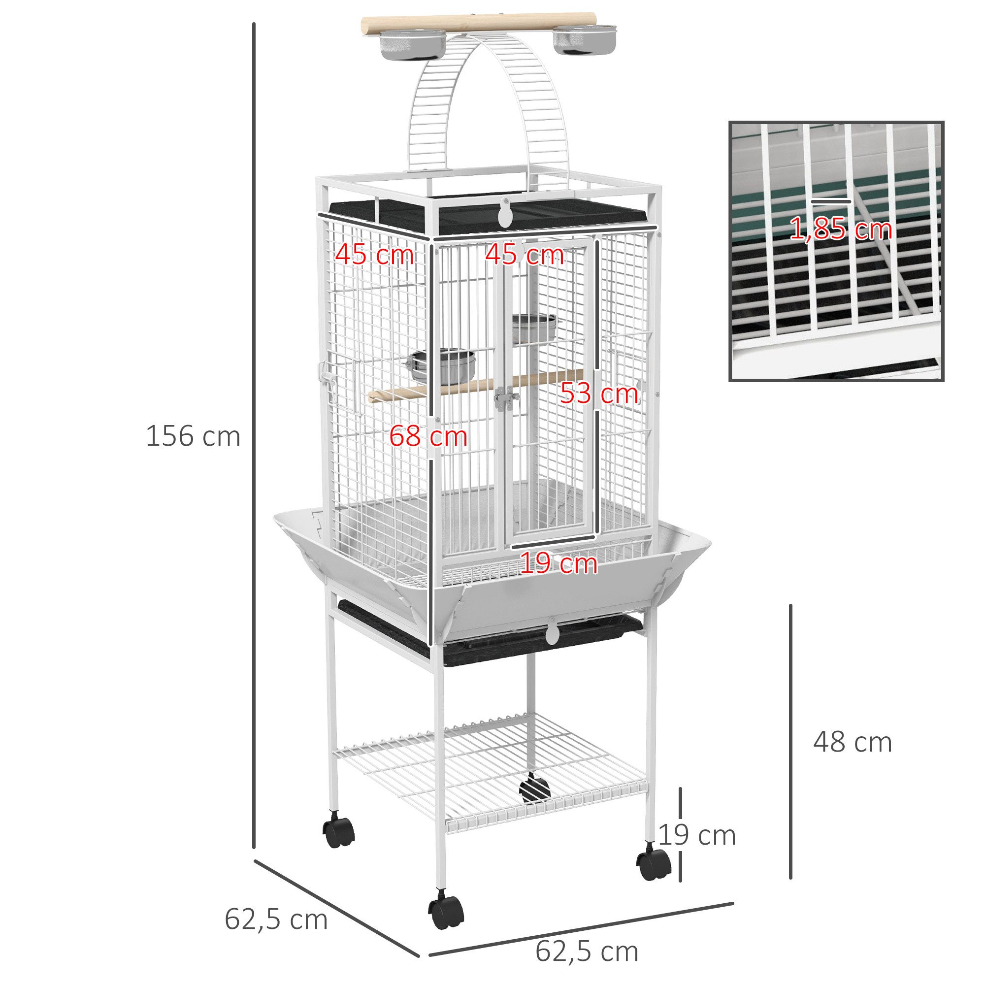 PawHut Vogelkäfig Papageienkäfig mit 3 Türen, 2 Sitzstange, 360° Rollen, Futternapf, Stahl Voliere für Nymphensittiche, 62,5x62,5x156cm, Weiß