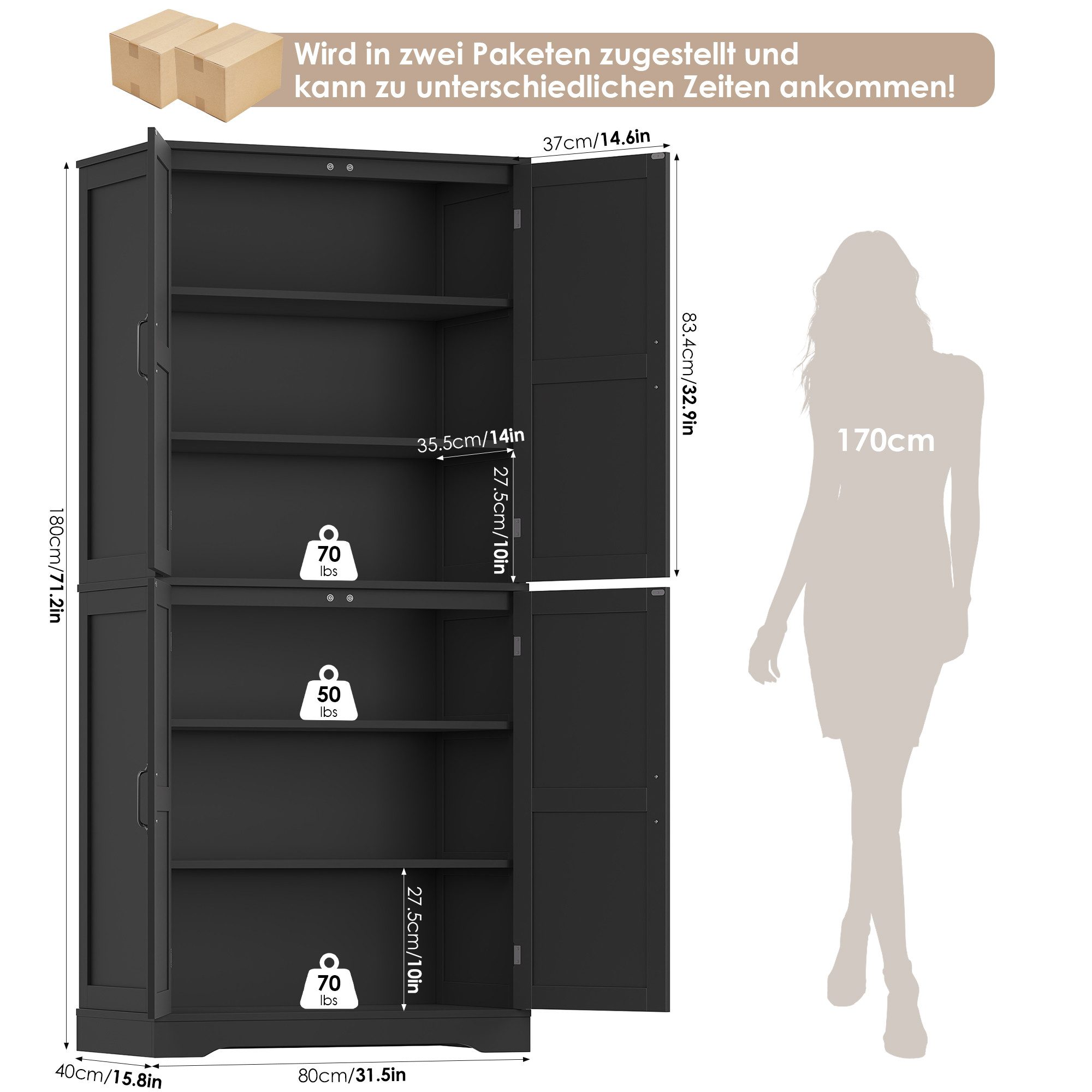 HOMECHO Küchenbuffet 180cm Küchenschrank mit 4 Türen Weiß Buffetschrank für Wohnzimmer Küche 180×80×40 cm
