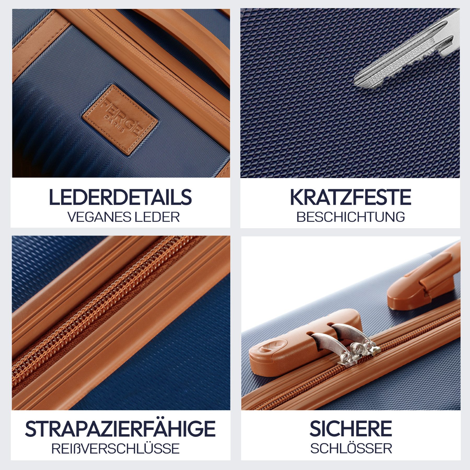 FERGÉ Kofferset Hartschale 3 teilig Koffer Set MILANO Blau-Braun, 4 Rollen, (3er Kofferset stabil und leicht mit Zahlenschloß, 3 tlg., Hartschalen-Trolley Set 3 Größen Handgepäck Koffer M XL), Trolley 3er Koffer Set, Reisekoffer 4 Rollen, Premium Rollkoffer