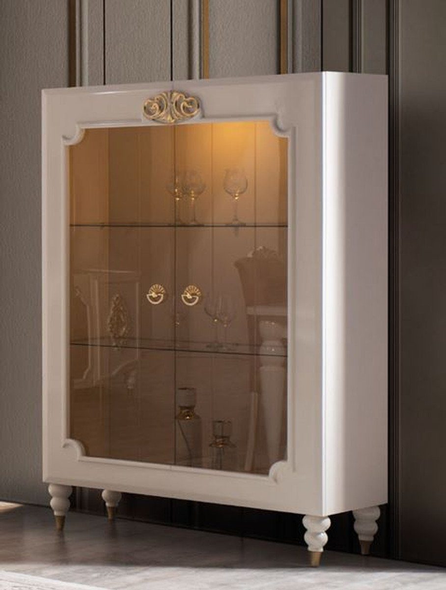 Casa Padrino Vitrine Luxus Barock Vitrine Weiß / Gold 116 x 45 x H. 170 cm - Beleuchteter Massivholz Vitrinenschrank mit 2 Glastüren - Edle Barock Möbel