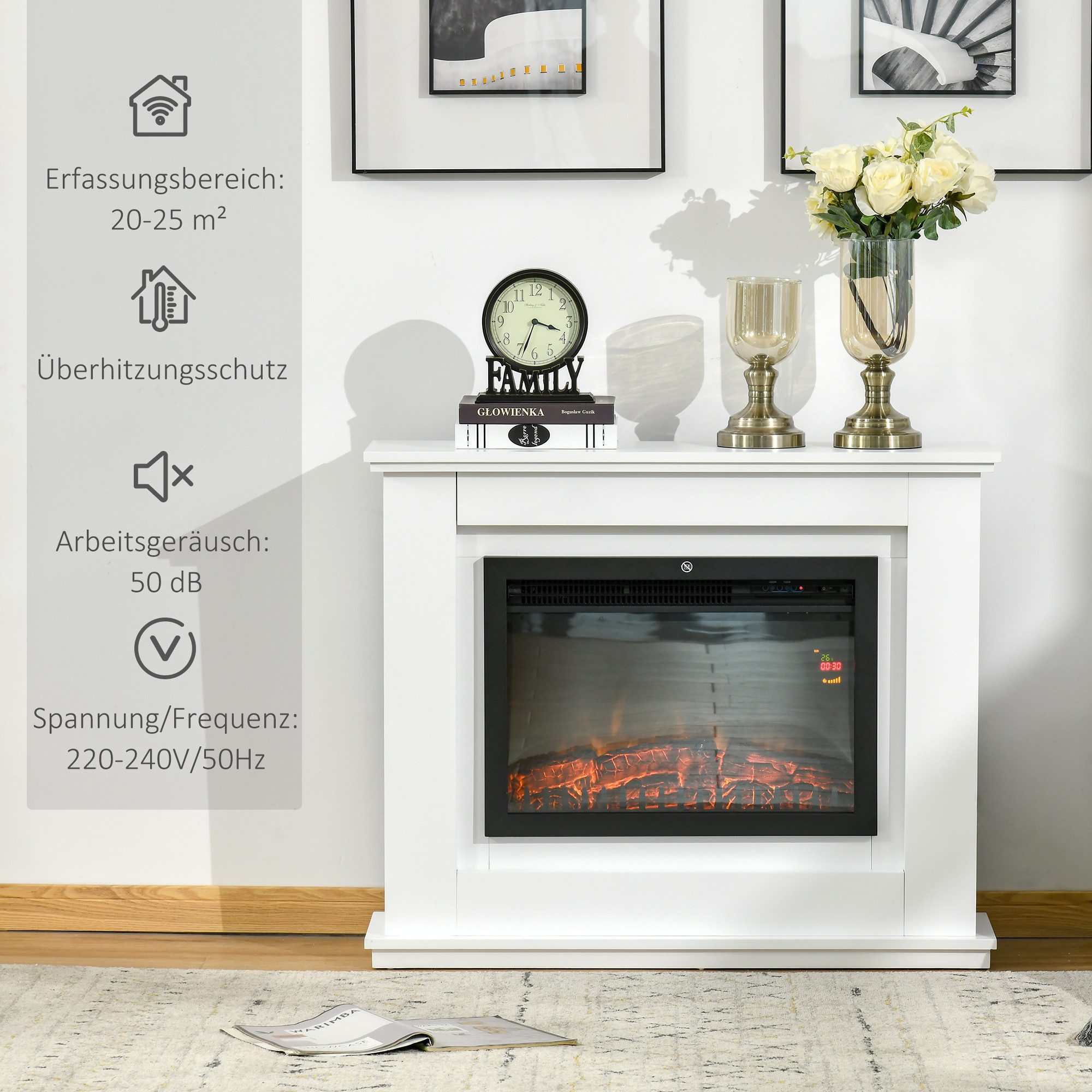 HOMCOM Elektrokamin Elektrischer Standkamin mit Heizung, 2000W Kamin, Fernbedienung, für Wohnzimmer, Schlafzimmer, Weiß – Bild 5 von 5