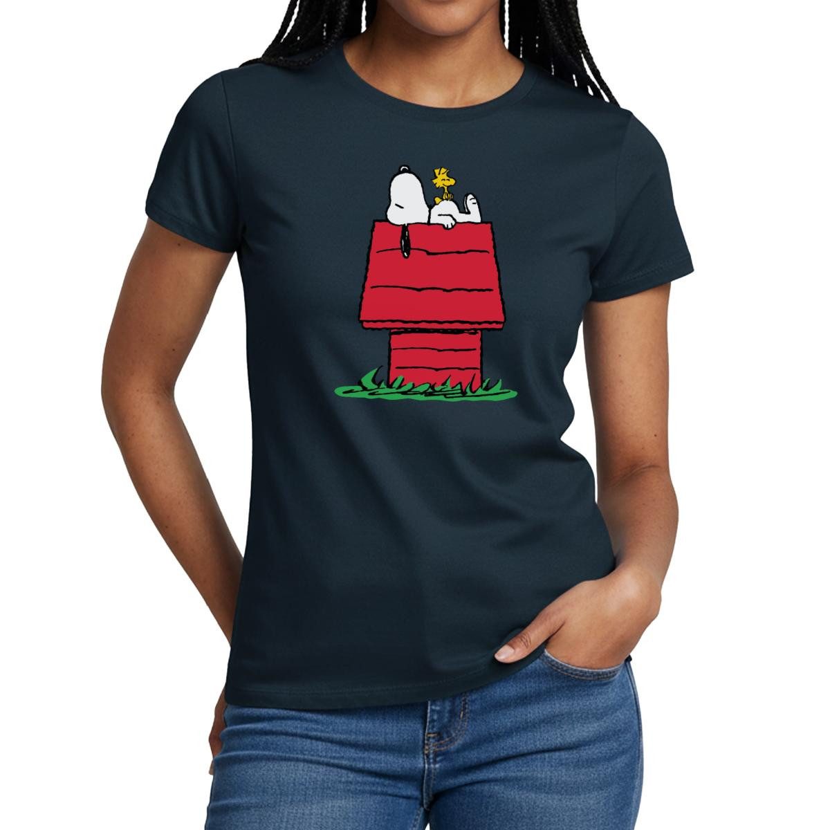 Spreadshirt T-Shirt Peanuts Snoopy Und Die Hundehütte Frauen T-Shirt (1-tlg)