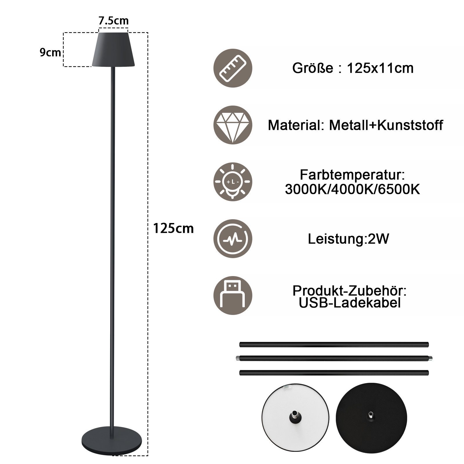 ZMH LED Stehlampe Akku, kabellose Standleuchte dimmbar, 3 Farbtemperaturen 3000-6500 K, Einfache Installation, LED fest integriert, Touch, USB, 125 cm,für Wohnzimmer, Schlafzimmer und Büro