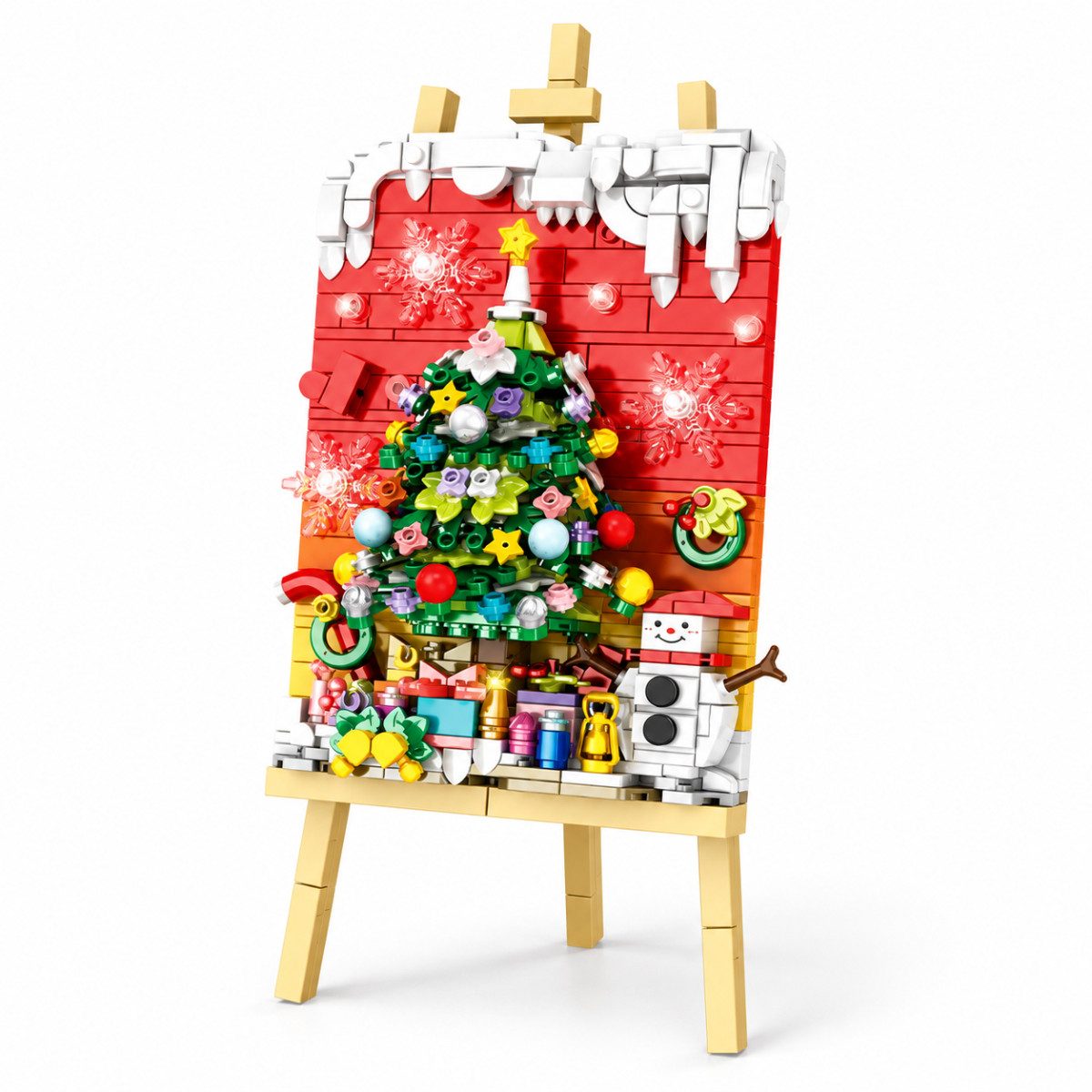 Woma W11816 Spielbausteine, (Weihnachts-Dekorationsset, 577 St., 3D-Weihnachtsbild aus 577 Teilen mit Staffelei), 3D-Weihnachtsbild mit Staffelei, Baum, Schneemann und Geschenken