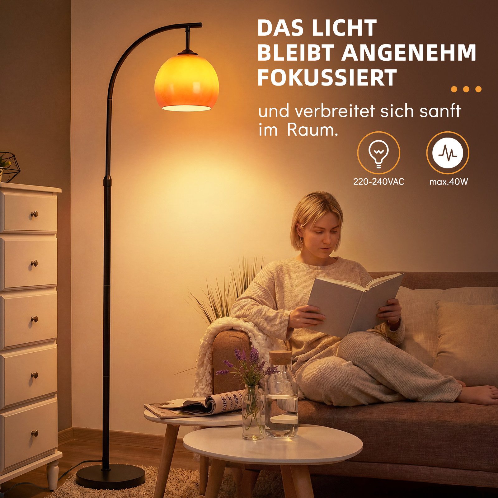Nettlife Stehlampe bogen wohnzimmer Glas Kugel E27 160CM Höhe drehbarer Fußschalter, ohne Leuchtmittel, für Wohnzimmer Schlafzimmer Arbeitszimmer Eisen Glas 220 – Bild 2 von 5