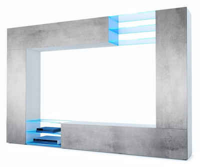 Vladon Wohnwand Mirage, (Anbauwand mit Rückwand mit 2 Türen, 4-St., 2 Klappen und 6 offenen Glasablagen), Weiß matt/Beton Oxid-Optik, inkl. LED-Beleuchtung (262 x 183 x 39 cm)