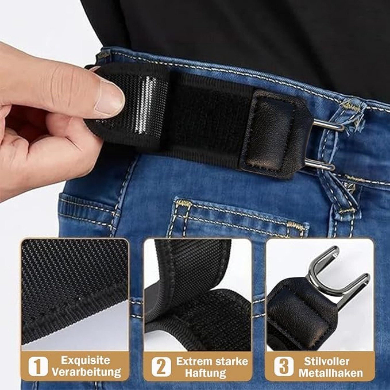 Vornix Ledergürtel Gürtel Ohne Schnalle, Elastischer Schnallenloser Gürtel Herren & Damen (Verstellbar mit Klettverschluss, Komfortabel und Einfach zu Bedienen)