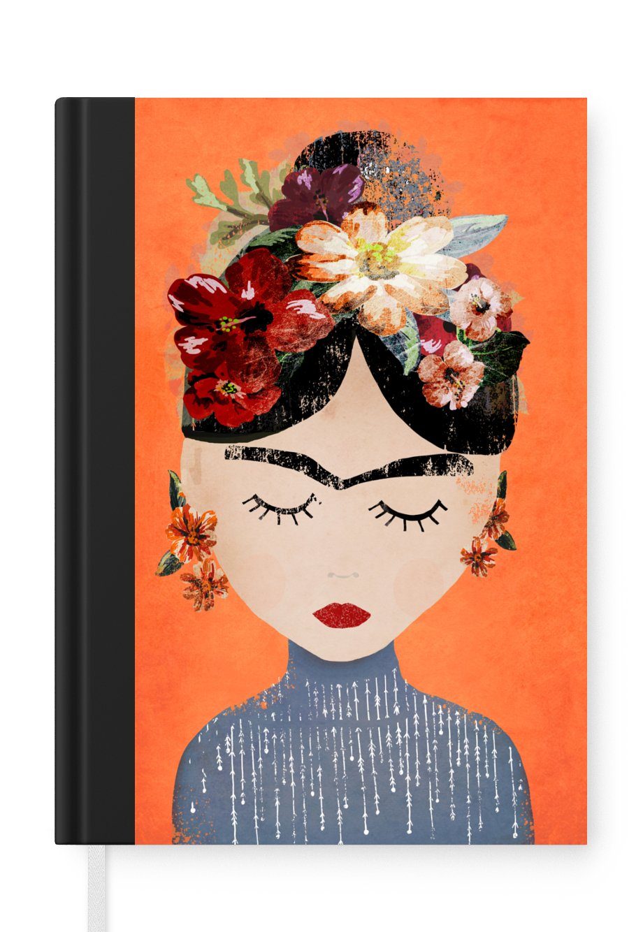MuchoWow Notizbuch Porträt - Frida Kahlo - Orange - Frau - Blumen, Journal, Merkzettel, Tagebuch, Notizheft, A5, 98 Seiten, Haushaltsbuch