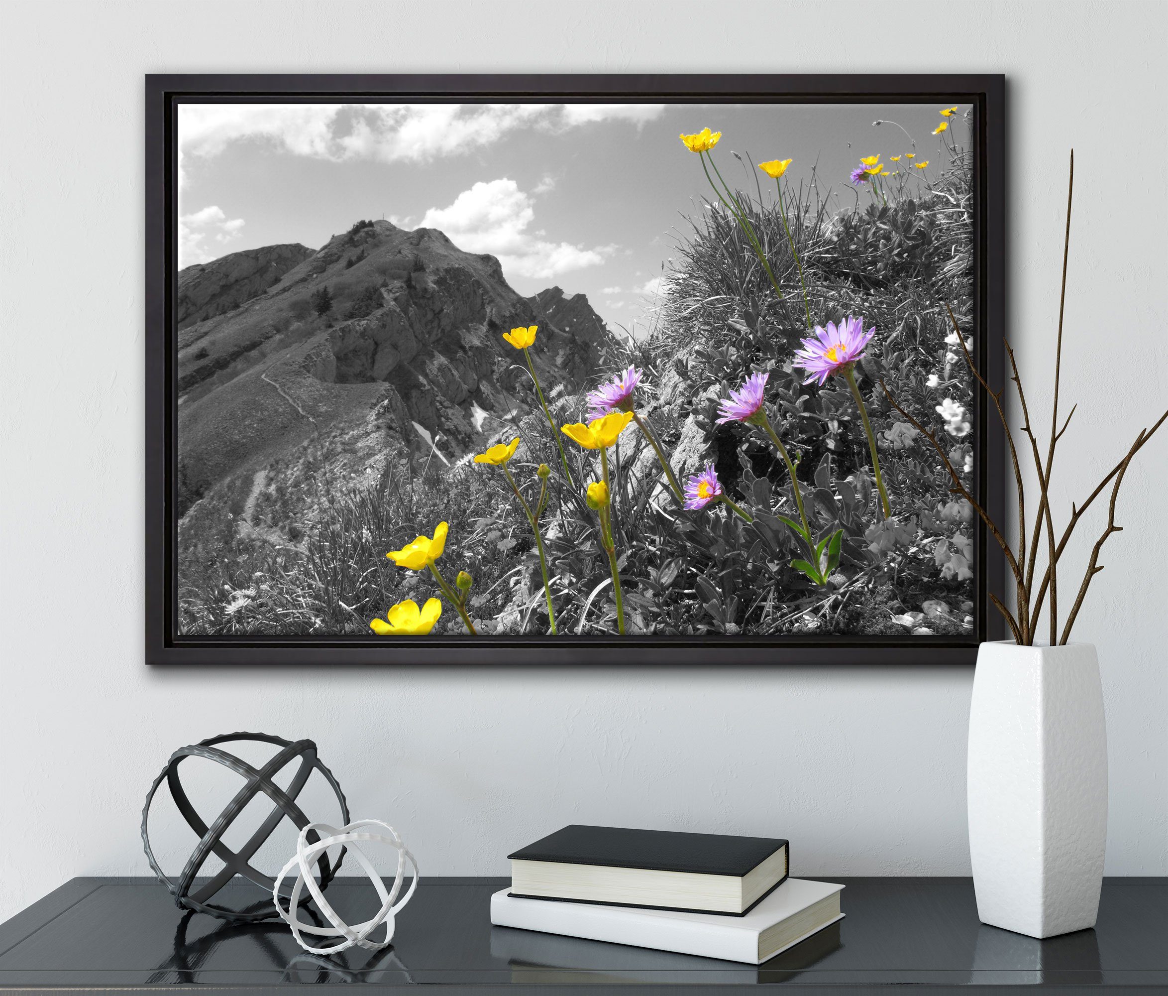 Pixxprint Leinwandbild Blumenwiese im gefasst, Zackenaufhänger in Leinwandbild inkl. einem Schattenfugen-Bilderrahmen Wanddekoration St), (1 Frühling, fertig bespannt