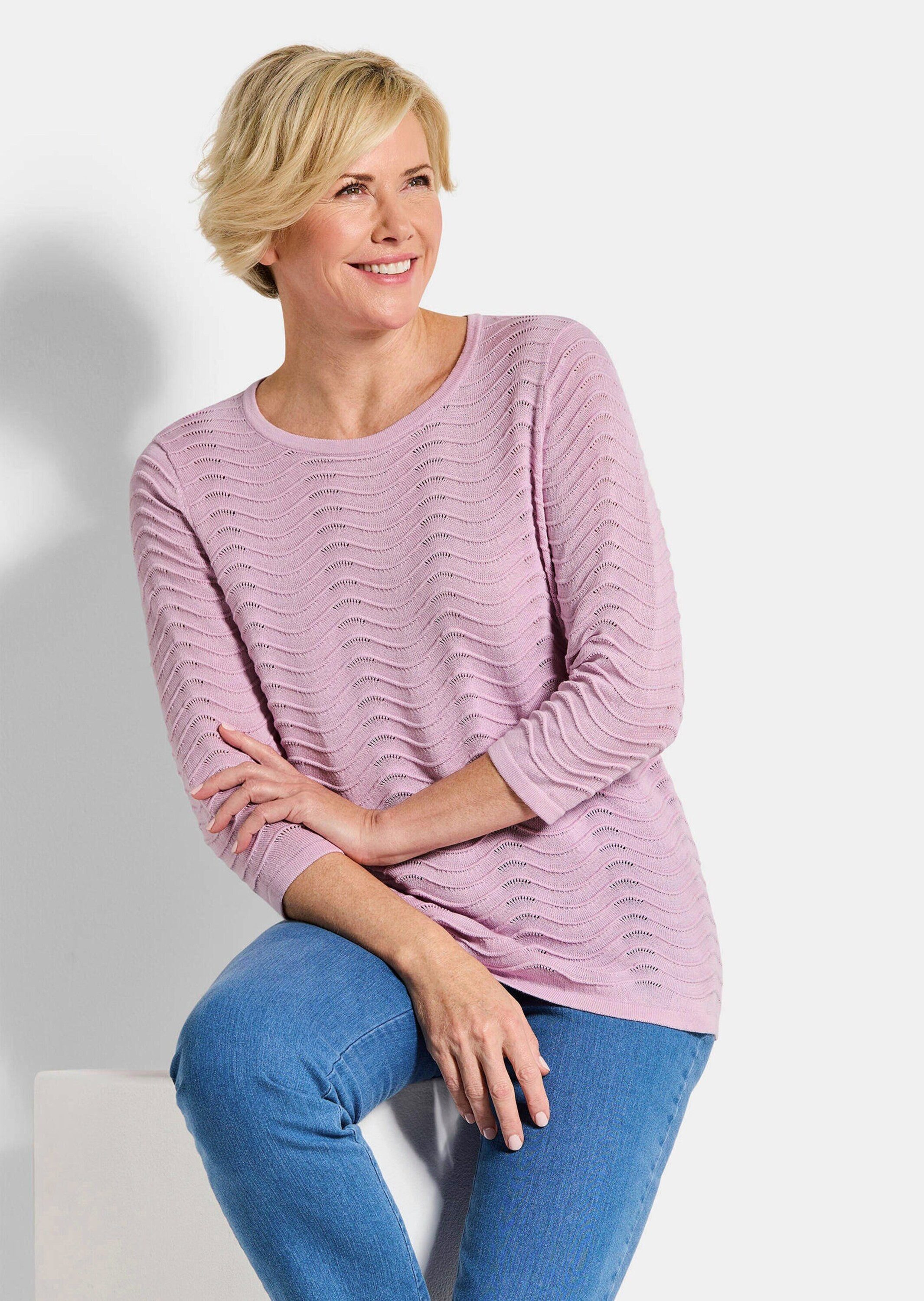 GOLDNER Strickpullover Kurzgröße: Sommerpullover mit Wellenstruktur Baumwollpullover mit Rundhals und 3/4-Ärmeln