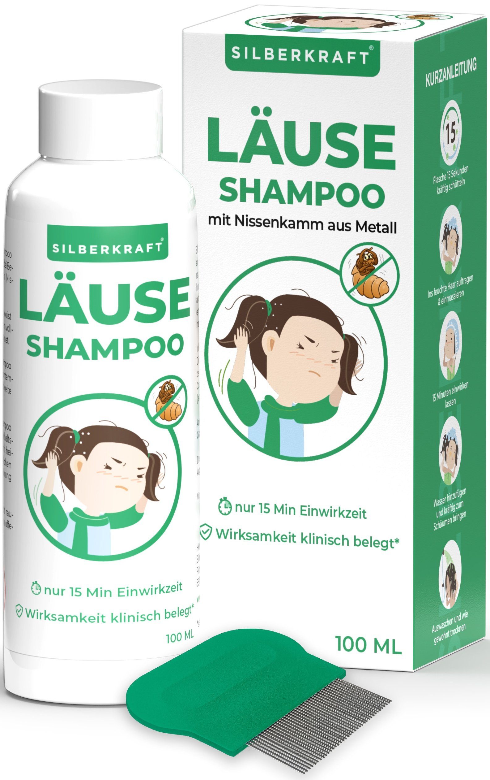 Silberkraft Kopfhaut-Pflegeshampoo Kopfläuse-Shampoo - Läuseshampoo für Kinder & Erwachsene, inkl. Nissenkamm - Nur 15 Min Einwirkzeit - OHNE Parabene