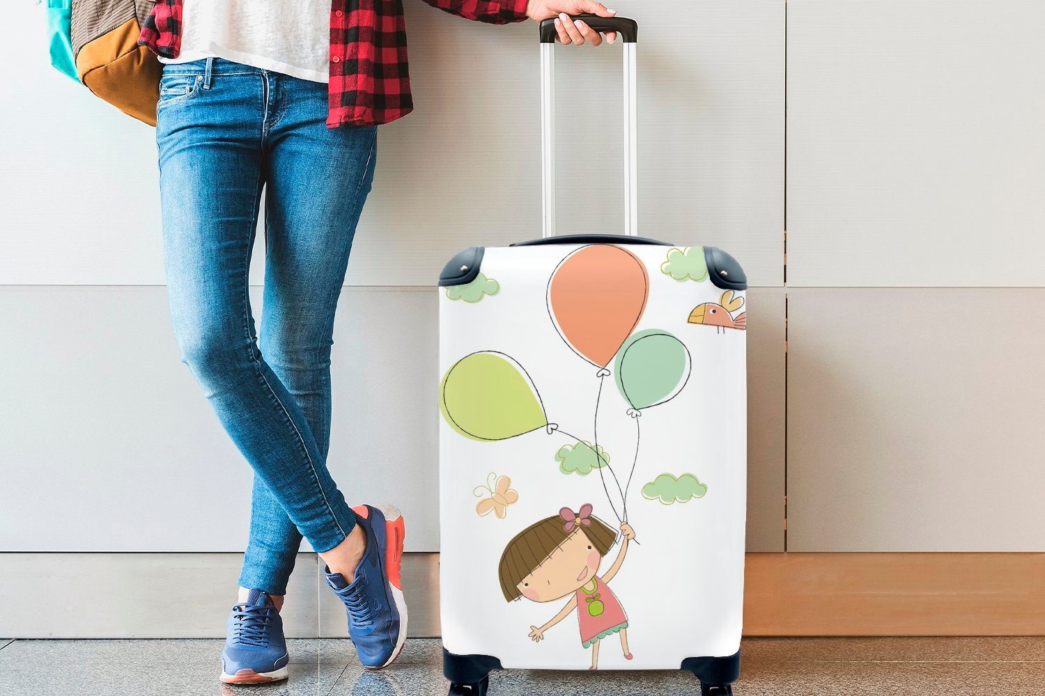 mit eines Illustration Reisekoffer 4 Handgepäck mit gezeichnete rollen, Eine Mädchens Handgepäckkoffer Ferien, Luftballons, MuchoWow Rollen, Trolley, für Reisetasche