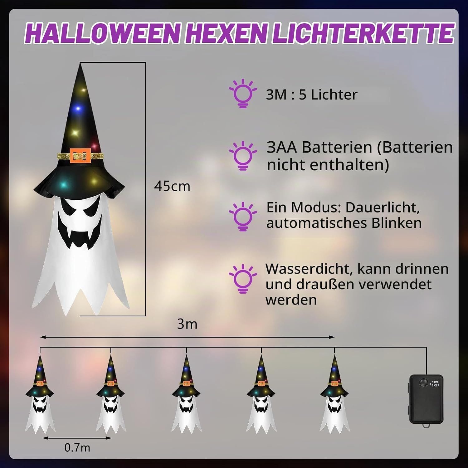 FELIXLEO LED-Dekofigur Halloween Deko Outdoor, 5 Hänge-Geisterhüte mit LED-Lichterkette (1 St) – Bild 2 von 5
