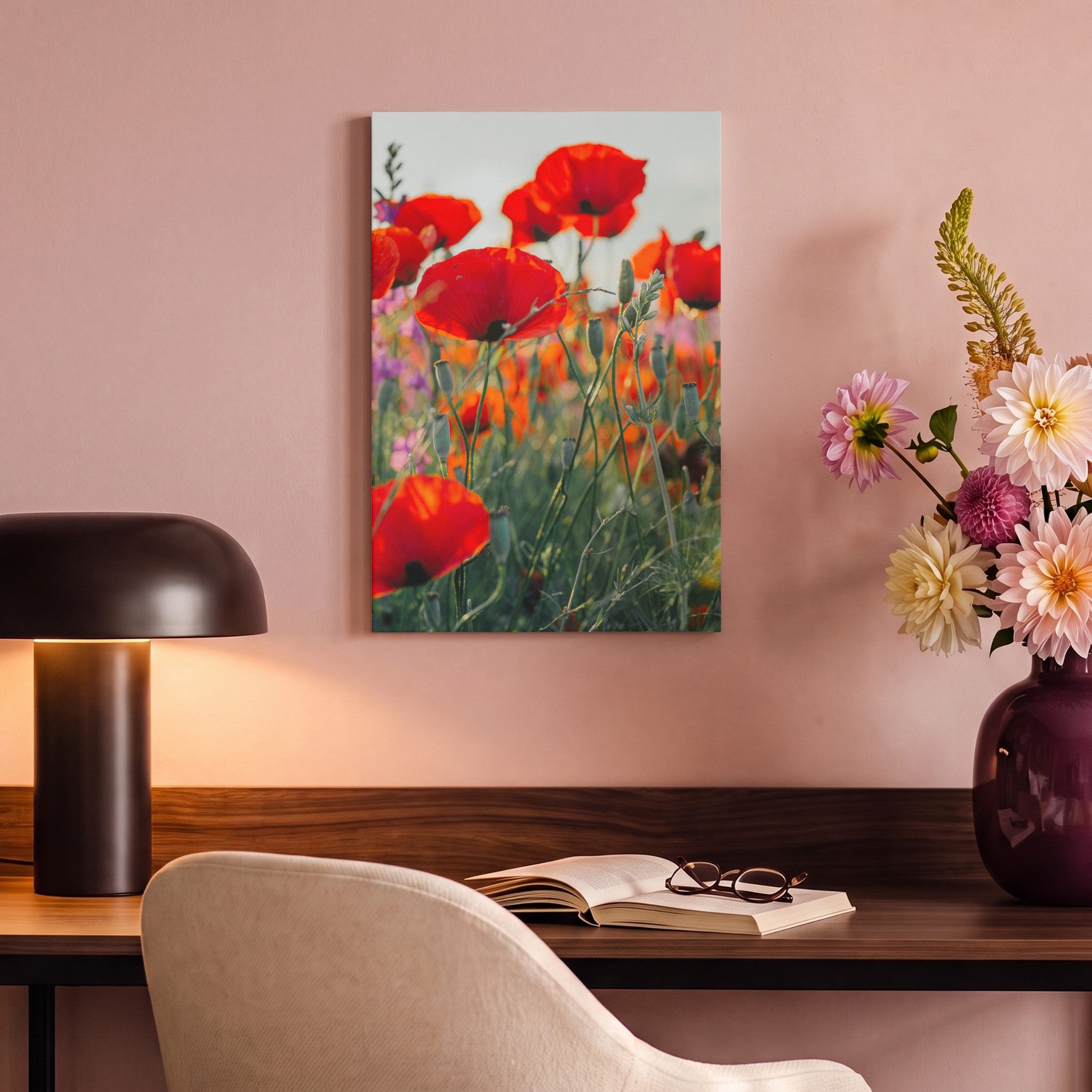OneMillionCanvasses® Leinwandbild Mohn - Blumen - Rot - Lila - Wiese, Fotodruck (1 St), Leinwand Canvas Wandbild, Wanddekoration 20x30 cm – Bild 4 von 5