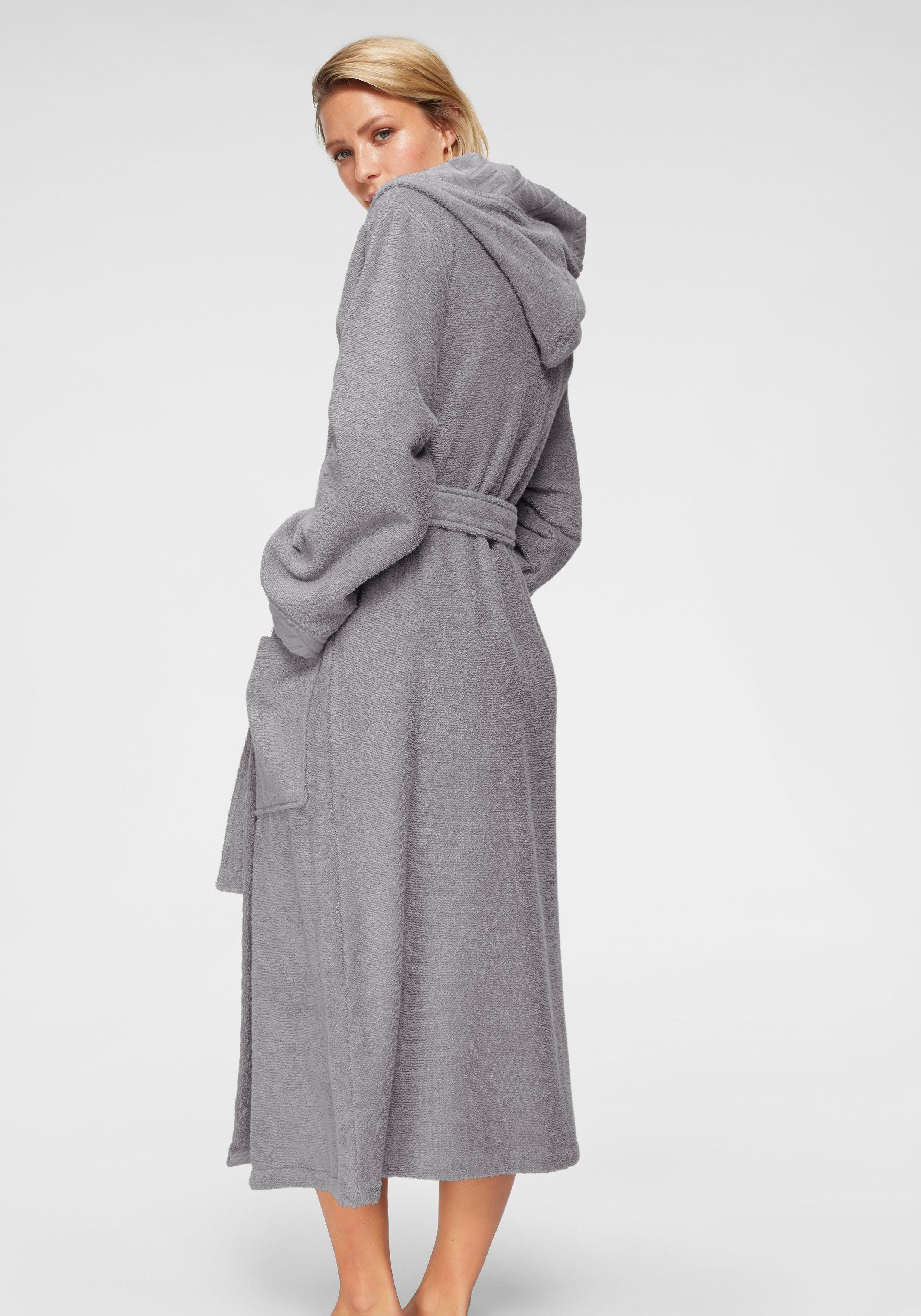 OTTO home Damenbademantel Livia, ideal für Sauna & Spa, Hotelbademantel, Langform, Walkfrottee, Kapuze, Gürtel, gemusterter Bordüre, langer Bademantel Damen, 100% Baumwolle, XS-2XL