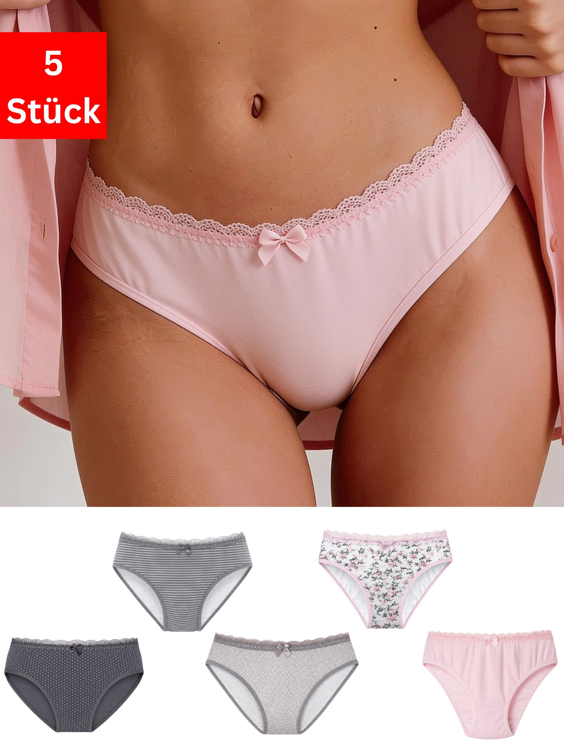 Elegant Love Hipster Damen Slips – Bequeme Unterwäsche Panties mit Baumwollzwickel (Packung, 5-St., 5er-Pack) Weiche Basic-Unterhose aus Baumwolle mit Spitze & Schleife
