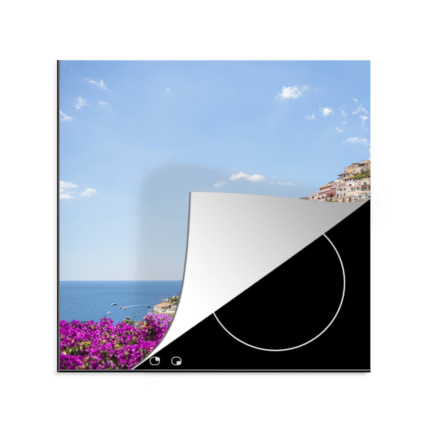 MuchoWow Herdblende-/Abdeckplatte Amalfiküste - Blume - Meer, Vinyl, (1 tlg), 78x78 cm, Ceranfeldabdeckung, Arbeitsplatte für küche