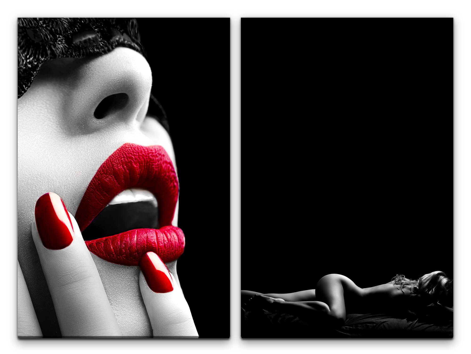 Sinus Art Leinwandbild 2 Bilder je 60x90cm Sexy Lippen Rot Frau Akt Schwarz  Weiß