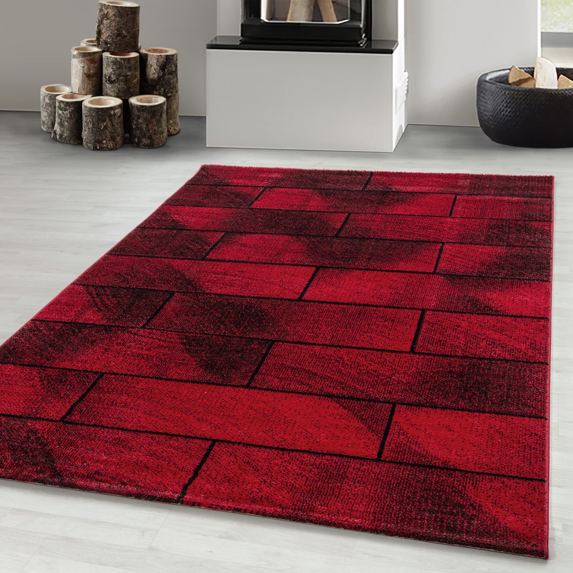 10 mm, Teppich Frisé-Teppich Rot Teppiche Kurzflor Wohnzimmer Läufer, Geometrisch Design, Modern Design Carpetsale24, Geometrisch Höhe: