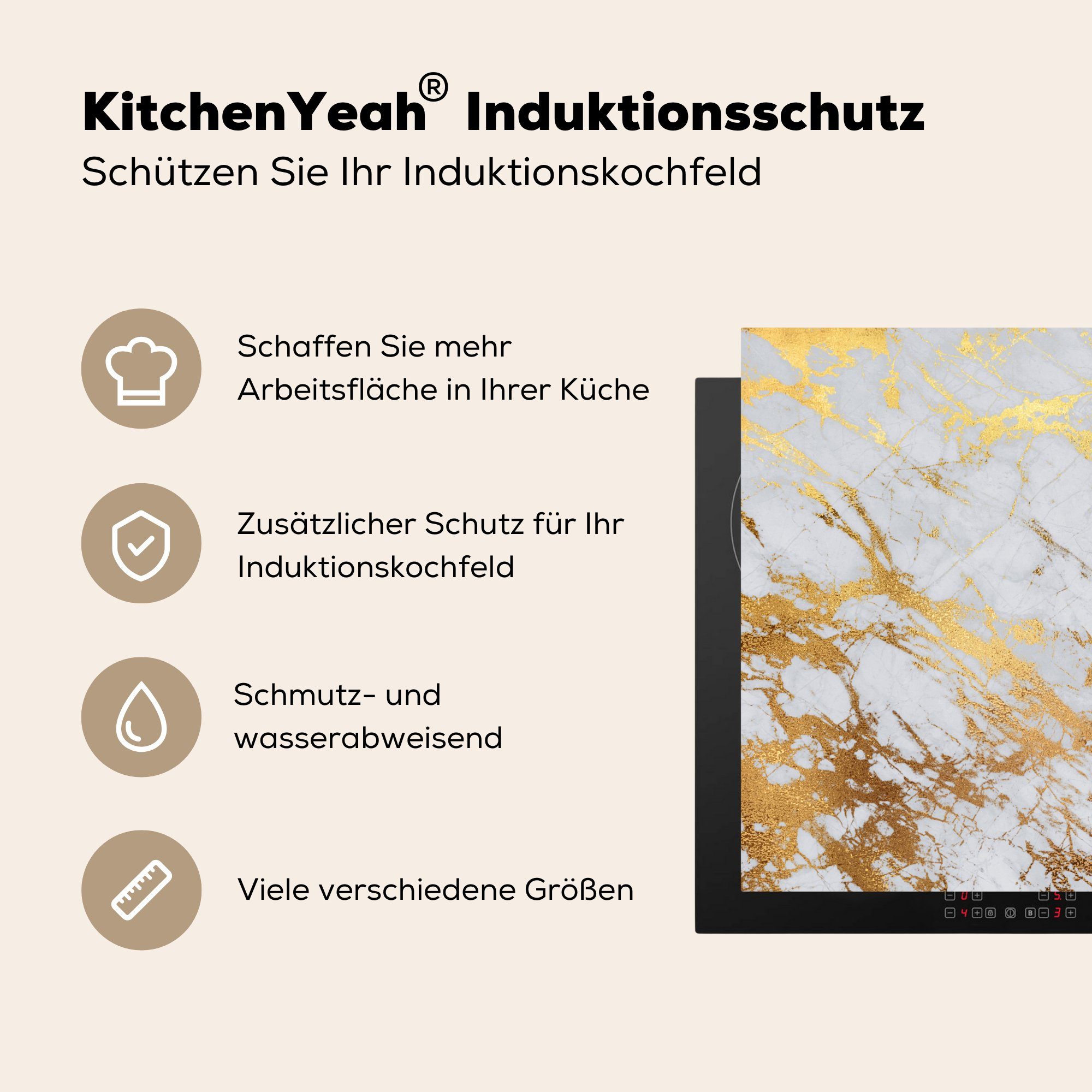 Vinyl, 78x78 Ceranfeldabdeckung, (1 MuchoWow küche Gold Arbeitsplatte - für cm, tlg), - Herdblende-/Abdeckplatte Marmor Weiß,
