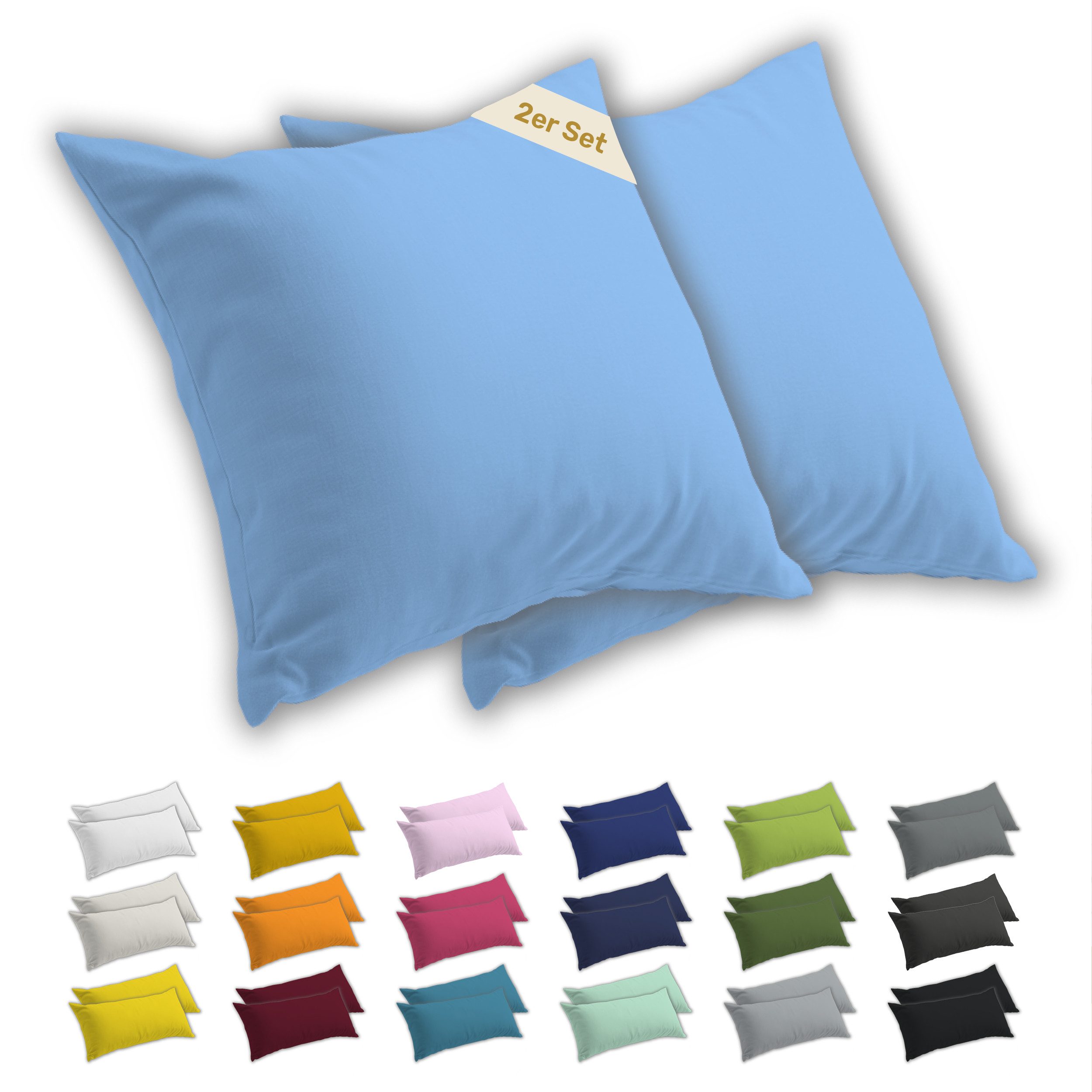 Lavea Kissenbezug 2er Set Kissenhülle Jersey, 100% Baumwolle, Kissenbezüge, (2 Stück), allergikerfreundlich - sicherer YKK-Reißverschluss - waschbar 60°C