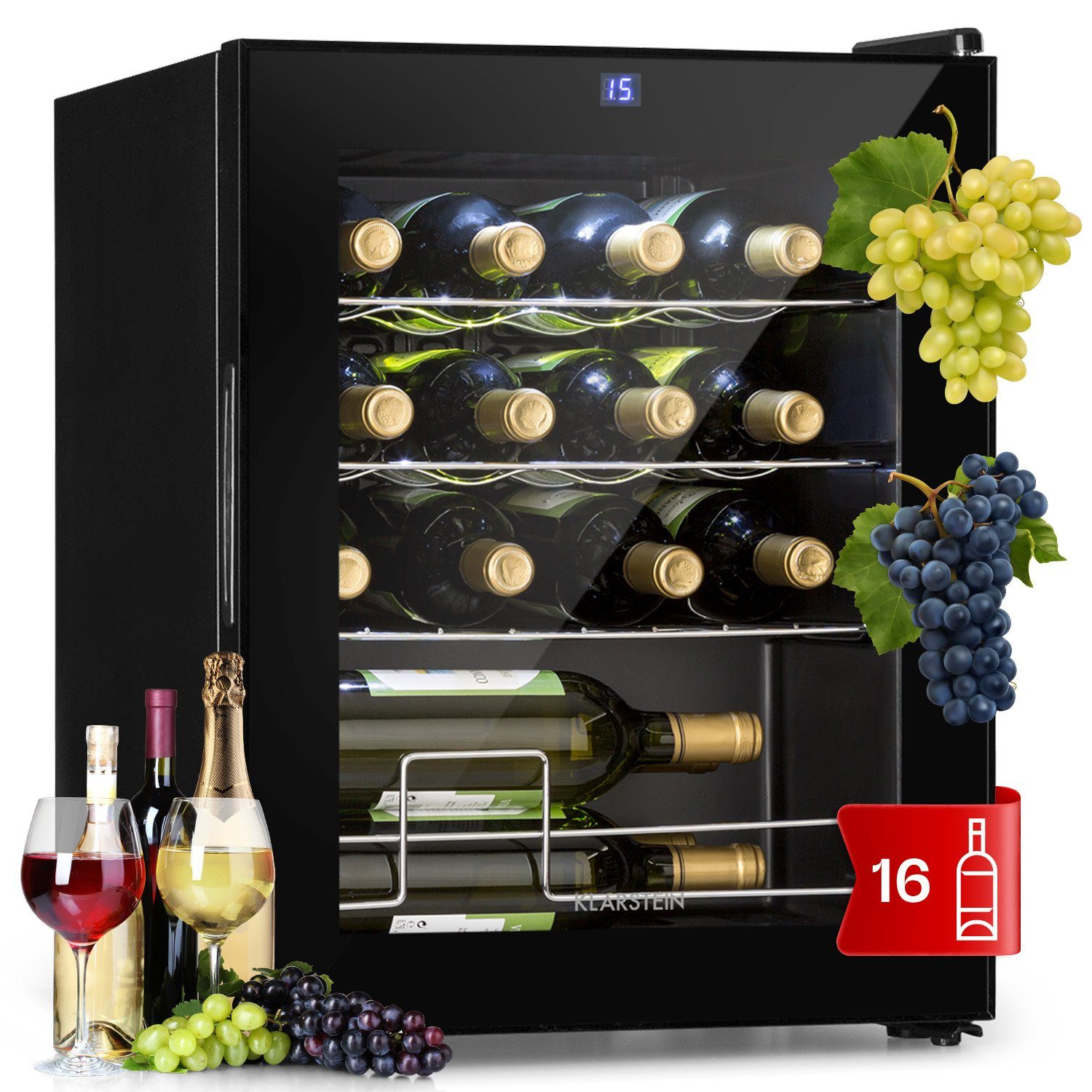 Klarstein Weinkühlschrank Shiraz 16 Uno Weinkühlschrank 16 Fl 42L 5-18°C 131W Touch LCD 41 dB, für 16 Standardflaschen á 0,75l,Wein Flaschenkühlschrank Weintemperierschrank Weinschrank Kühlschrank