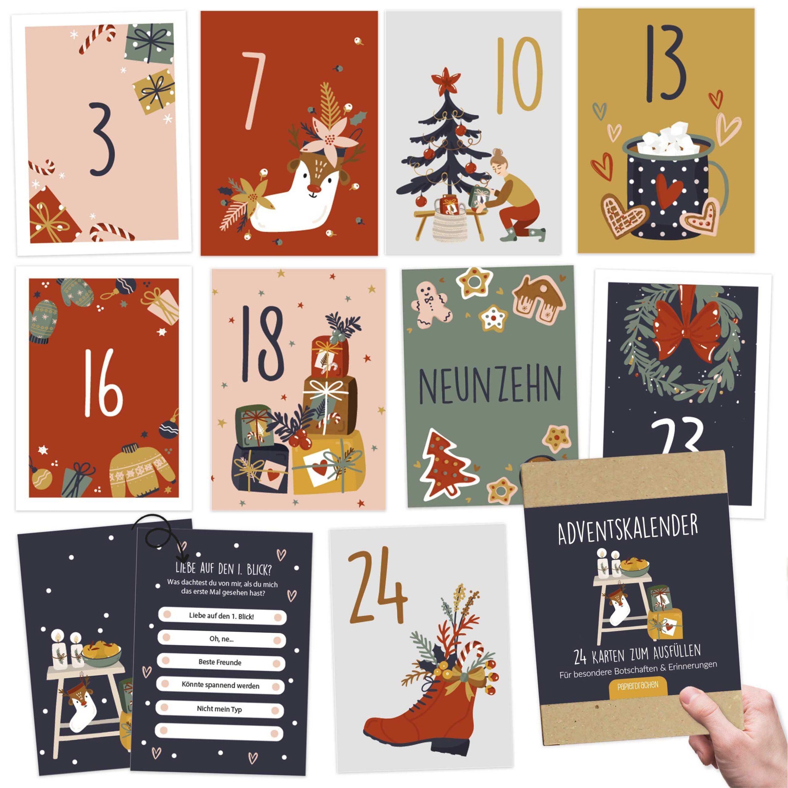 PAPIERDRACHEN Adventskalender 24 Karten Adventskalender - Geschenkidee in der Vorweihnachtszeit, zum Basteln und Verschenken