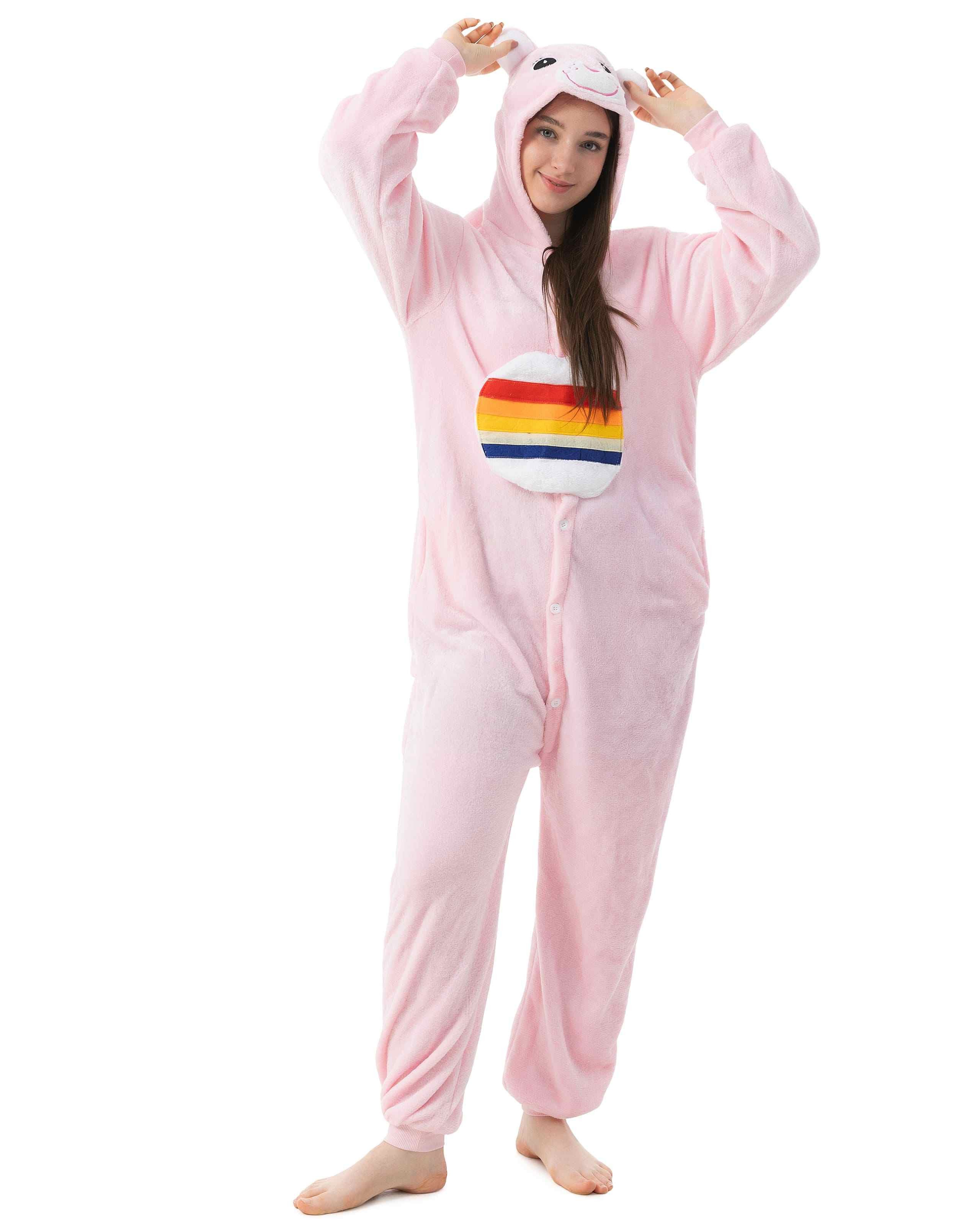Katara Partyanzug Glücksbärchis Jumpsuit Onesie für Erwachsene S-XL, Karneval, Kigurumi - Glücksbärchi Regenbogen Bärchi rosa M (155-165cm)
