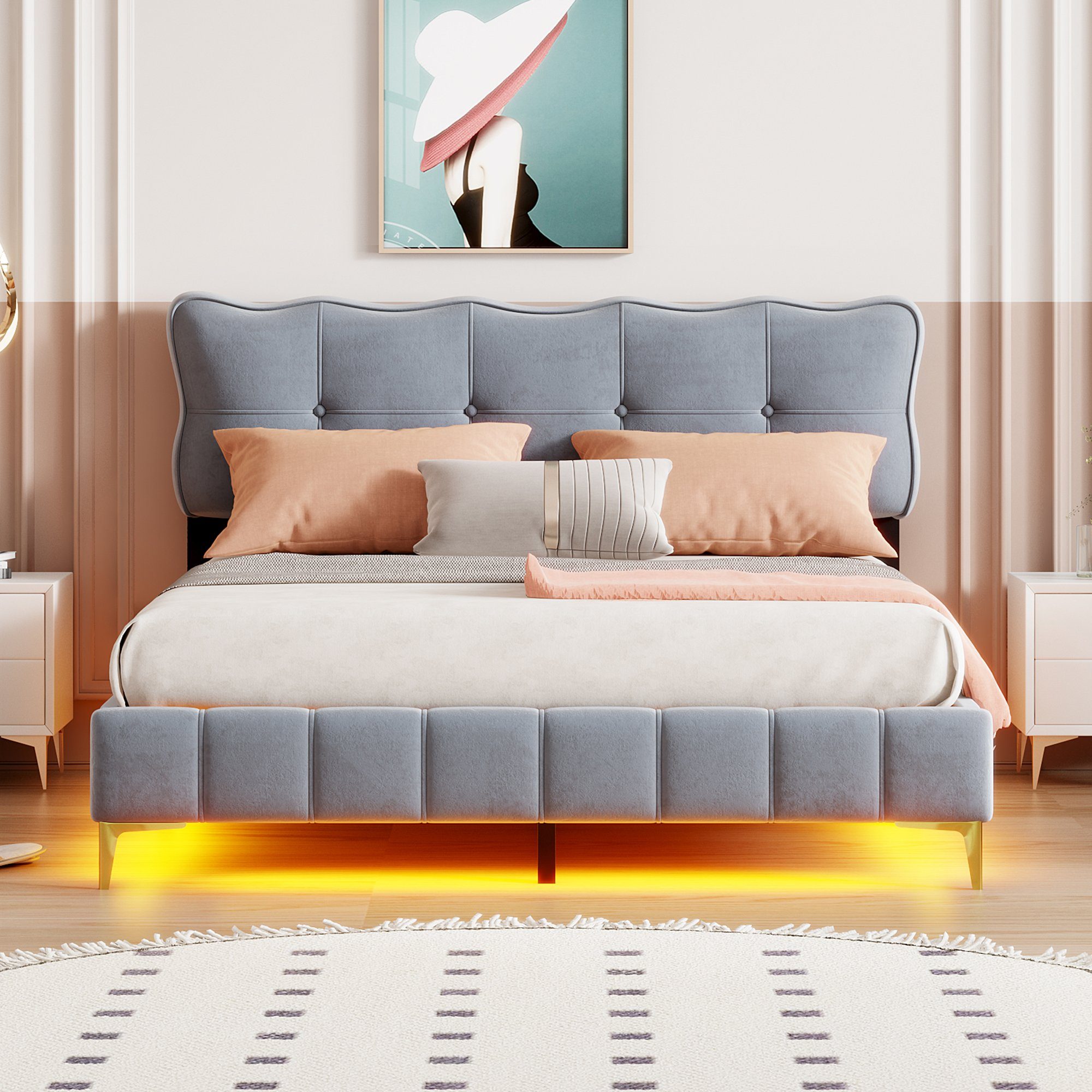 Flieks Polsterbett, LED Beleuchtung Holzbett Doppelbett günstig online kaufen