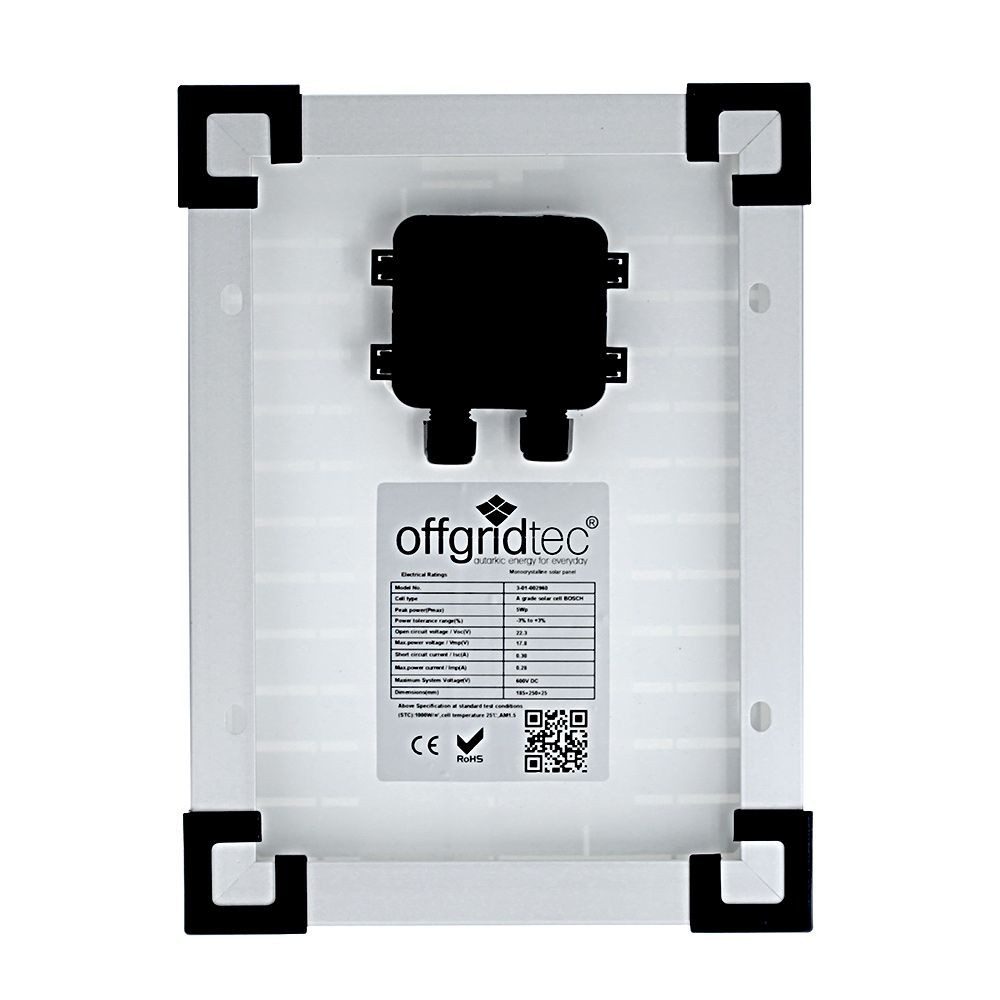 offgridtec Solarmodul Solarpanel, Monokristallin, 12V, 5W, 250x180x25mm, 5 W