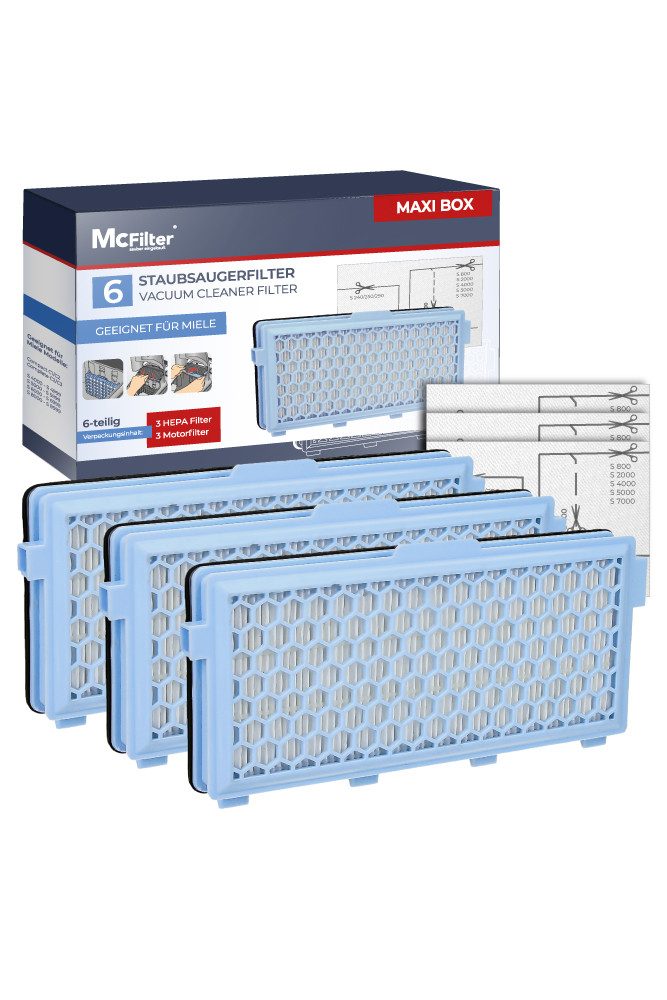 McFilter HEPA-Filter 3x + 3 Motorfilter (zuschneidbar) passend für Miele Staubsauger GN, Serie S4 S5 S6 S8, Complete C2, Compact C1/C2, S8340, MAXI BOX