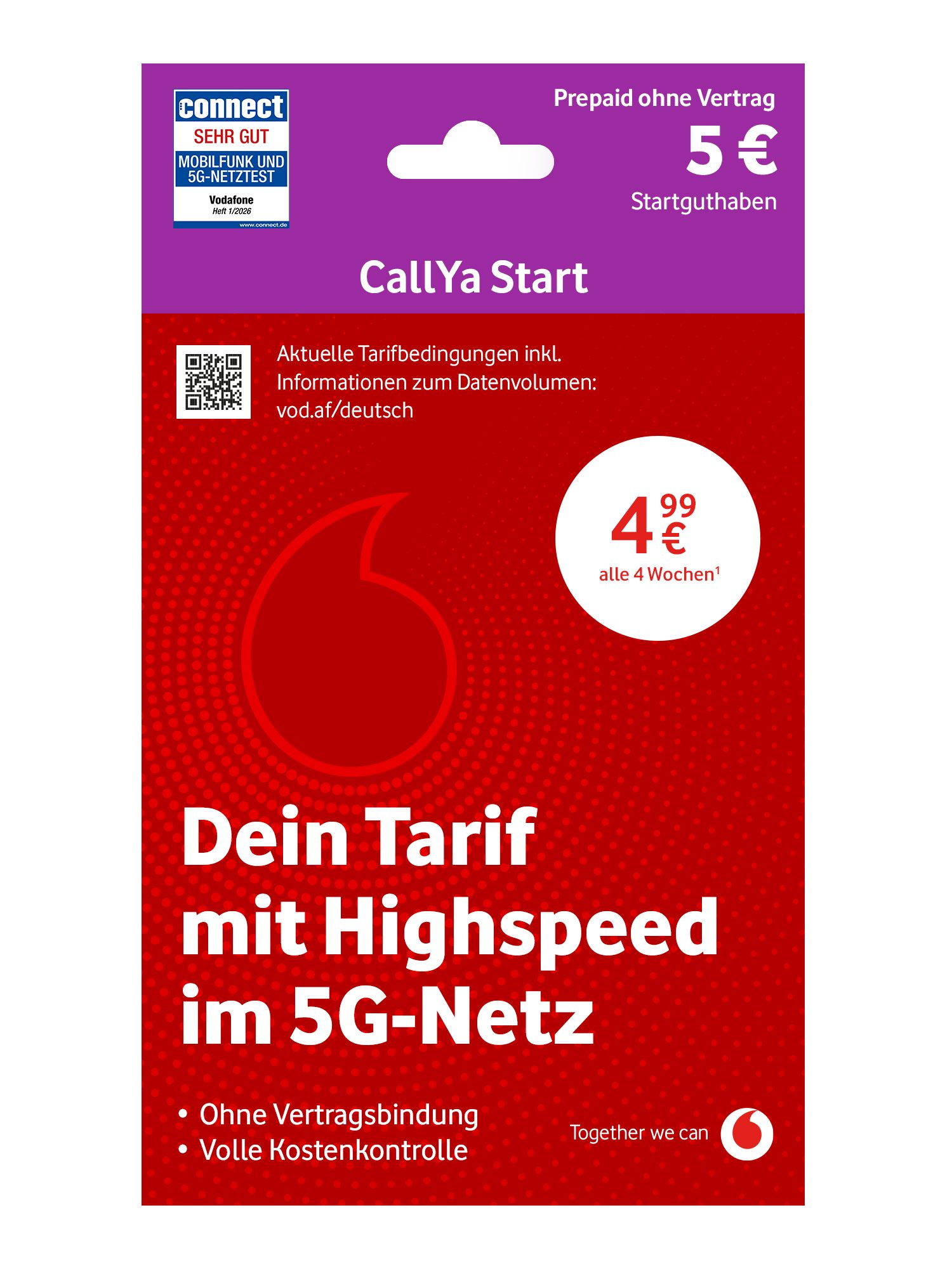 Vodafone CallYa Start Prepaidkarte, (2 GB, 5 EUR Startguthaben, ohne Vertrag, 5G-Netz, Allnet-Flat)