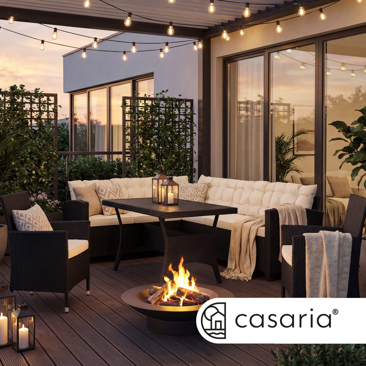 Casaria Gartenlounge-Set Lissabon, (17-tlg), Polyrattan WPC Esstisch Eckbank Gartenstühle 15cm Kissen 7cm Auflagen