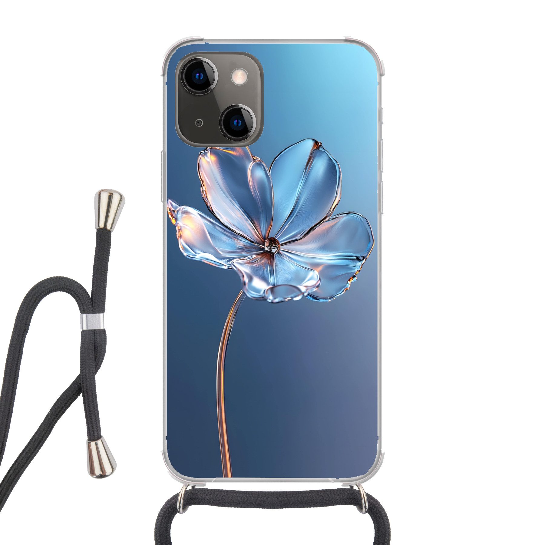 MuchoWow Handyhülle für Apple iPhone 13 Blau - Blume - Gläser - Verziert, Tragbare Handyhüllen mit Kette zum umhängen, Handykette Handyband