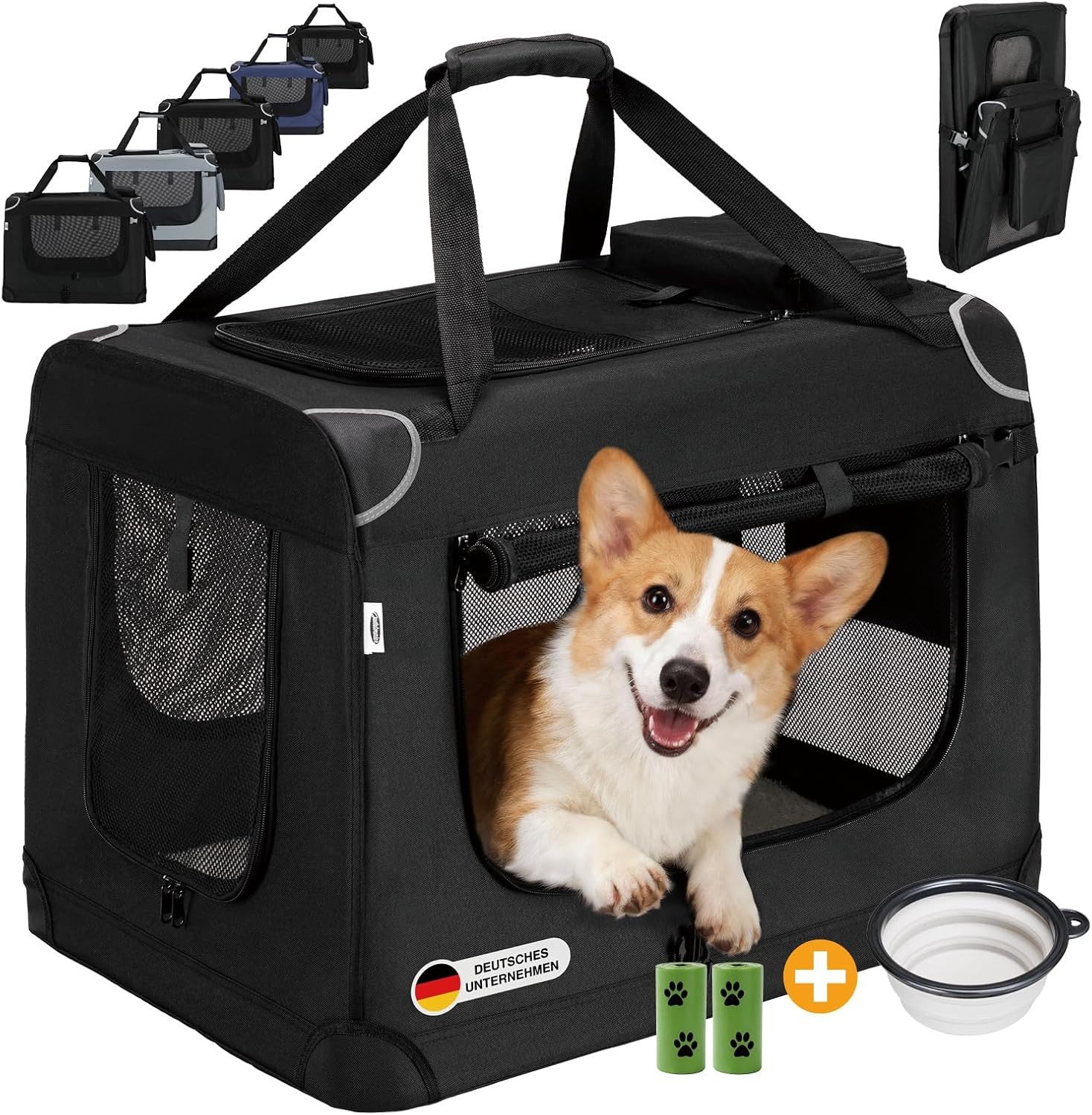 Zedelmaier Tiertransporttasche Transportbox, Faltbar Hundetransportbox, Katzenbox, Inkl.2 Rollen Hundekotbeutel, 1 faltbarer Napf, 2 praktische Beutel