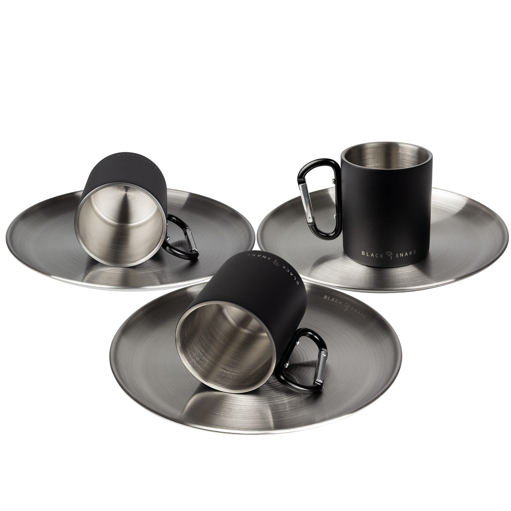 Black Snake Geschirr-Set Camping Set mit Edelstahl Teller & Thermobecher (6-tlg), 3 Personen, Edelstahl, Edelstahl Teller mit Karabiner Thermobecher im Set
