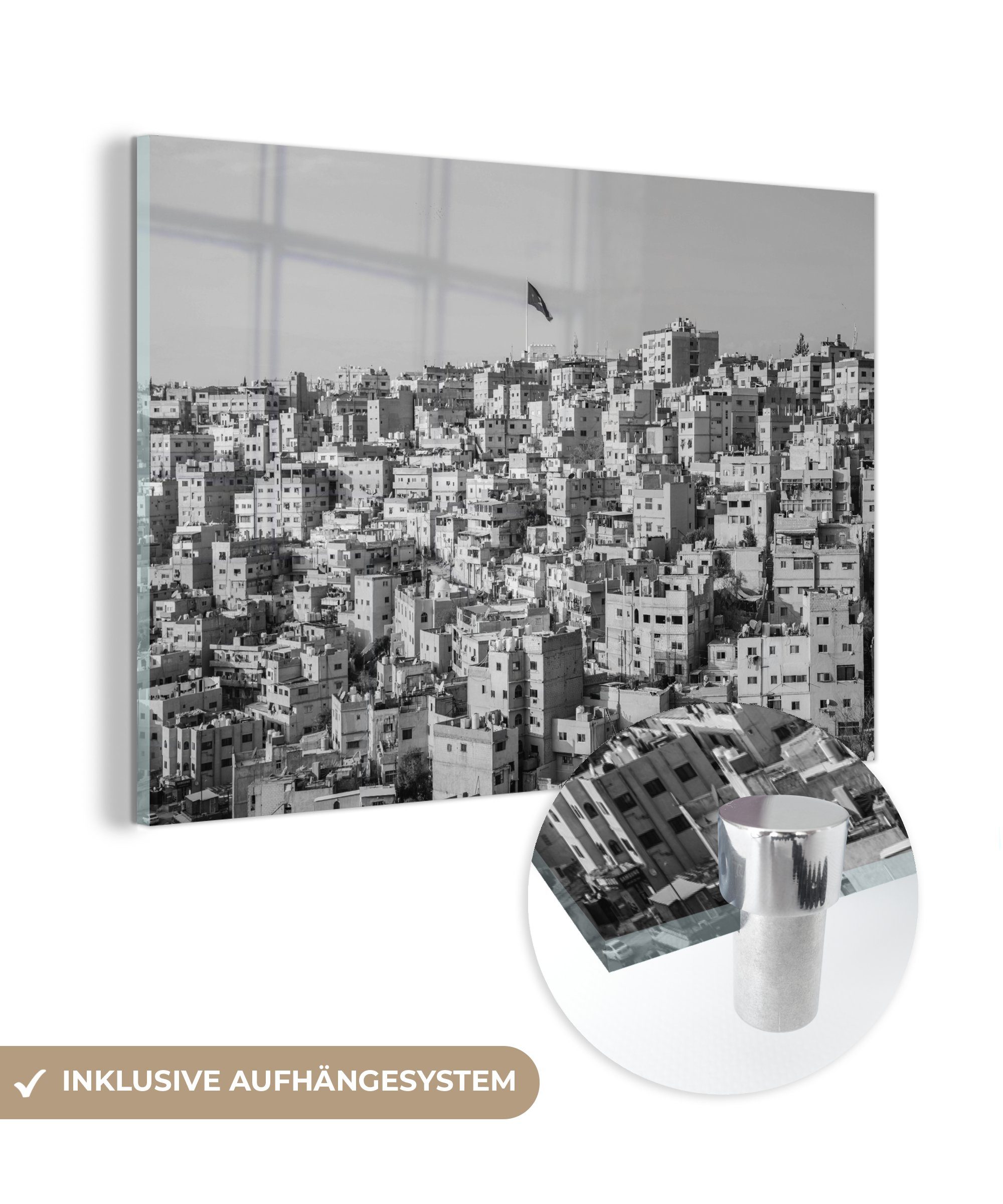 MuchoWow Acrylglasbild Jordanien - Haus - Schwarz - Weiß, (1 St), Acrylglasbilder Wohnzimmer & Schlafzimmer